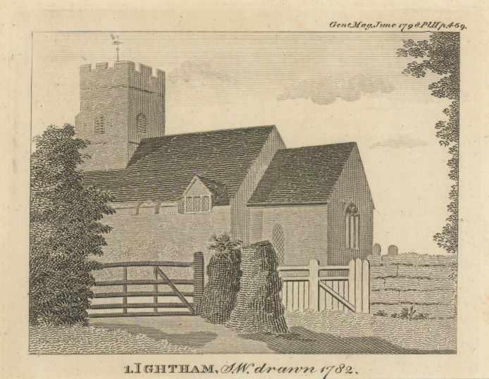 View of St Peter's Church in 1782, Ightham. Near Sevenoaks, Kent. SMALL 1798