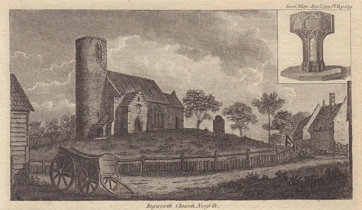 View of St Lawrence church, Ingworth, Norfolk. Font 1799 old antique print