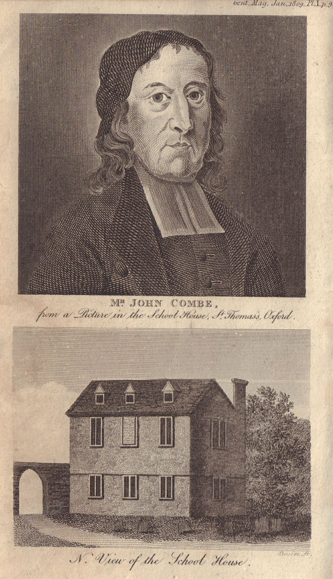 Portrait of John Combe. View of his former school house, Combe House Oxford 1809