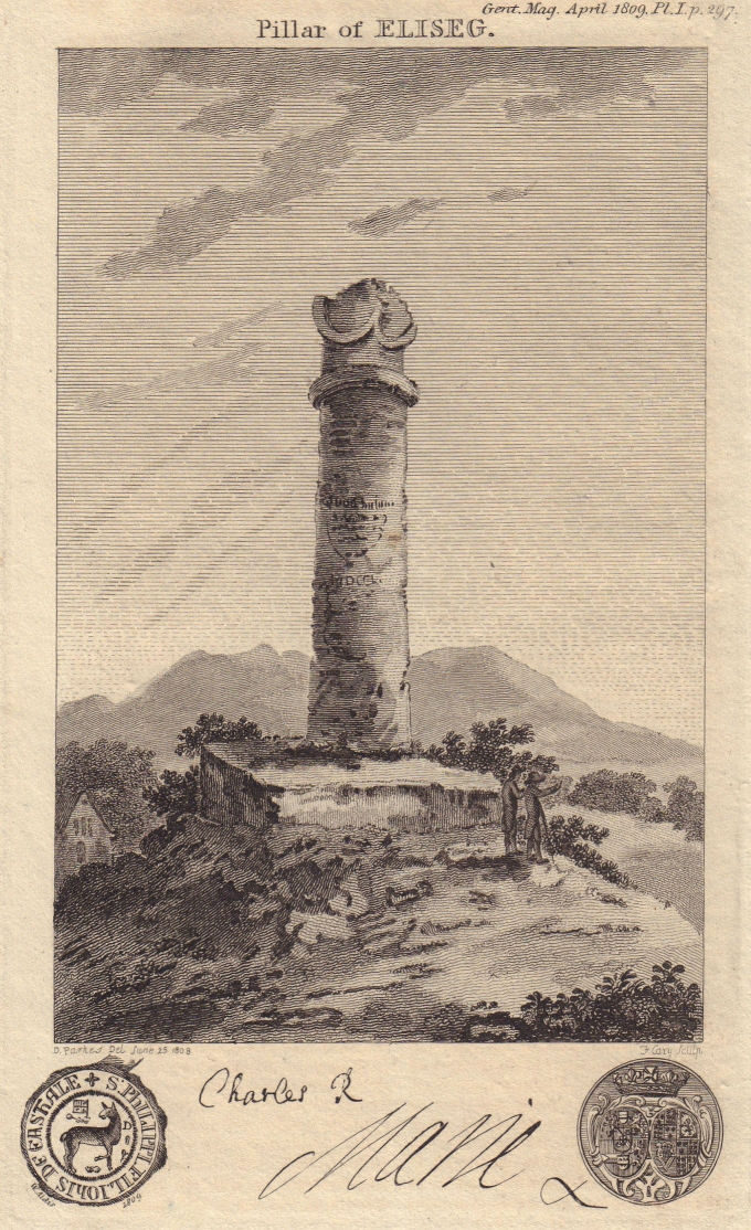 Associate Product Eliseg's Pillar, Valle Crucis Abbey, Denbighshire. Charles II autograph 1809