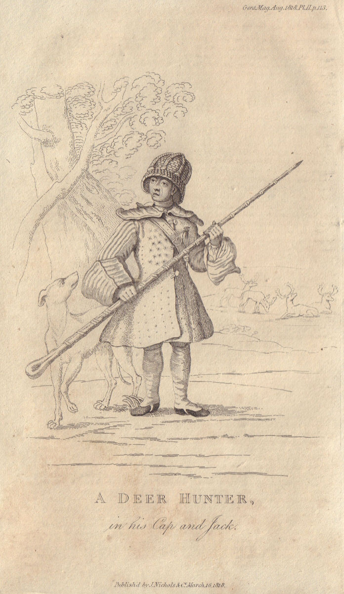 Whole-length portrait of a deer hunter in his cap and jack 1818 old print