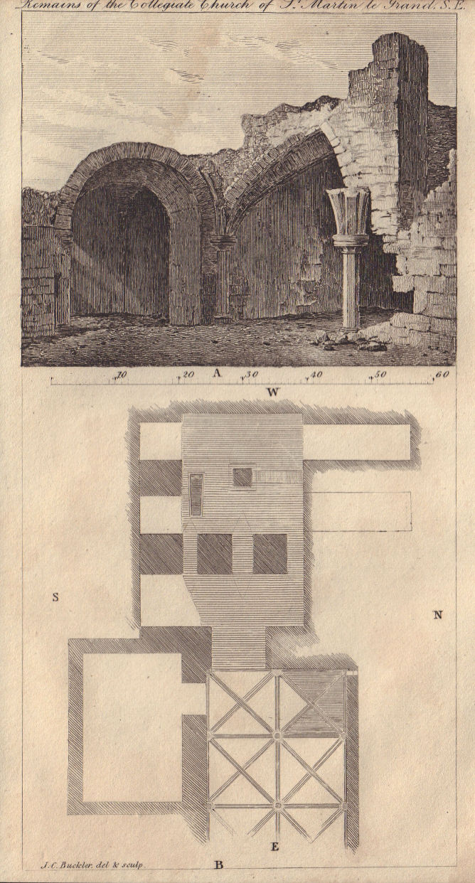 Remains of the Collegiate Church of St Martin-le Grand, London 1818 old print