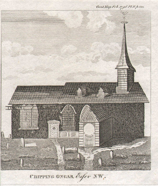 View of St Martin's Church, Chipping Ongar, Essex. SMALL 1796 old print