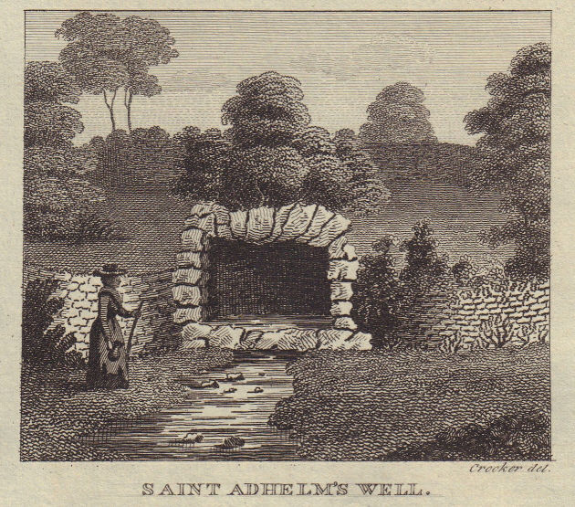 View of St Adhelm's well in Doulting, Somerset. SMALL 1796 old antique print
