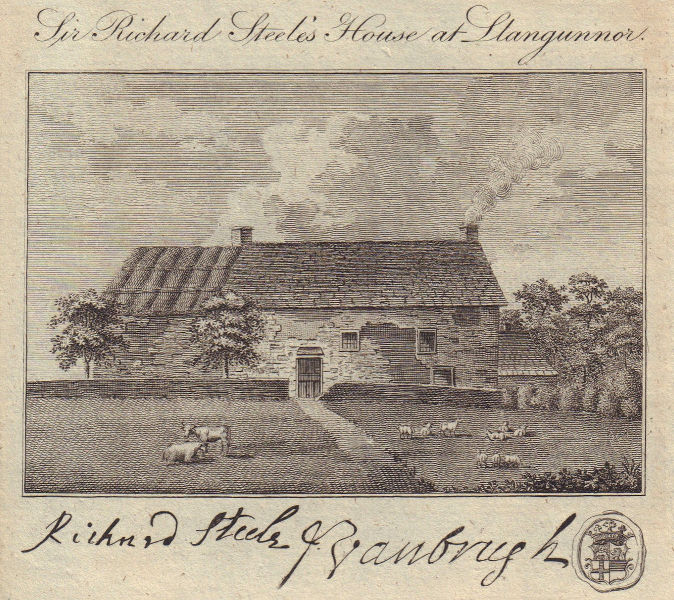 Sir Richard Steele's house, Llangunnor, Carmarthen 1797 old antique print
