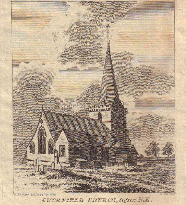 North east view of Holy Trinity Church in Cuckfield, Sussex 1808 old print