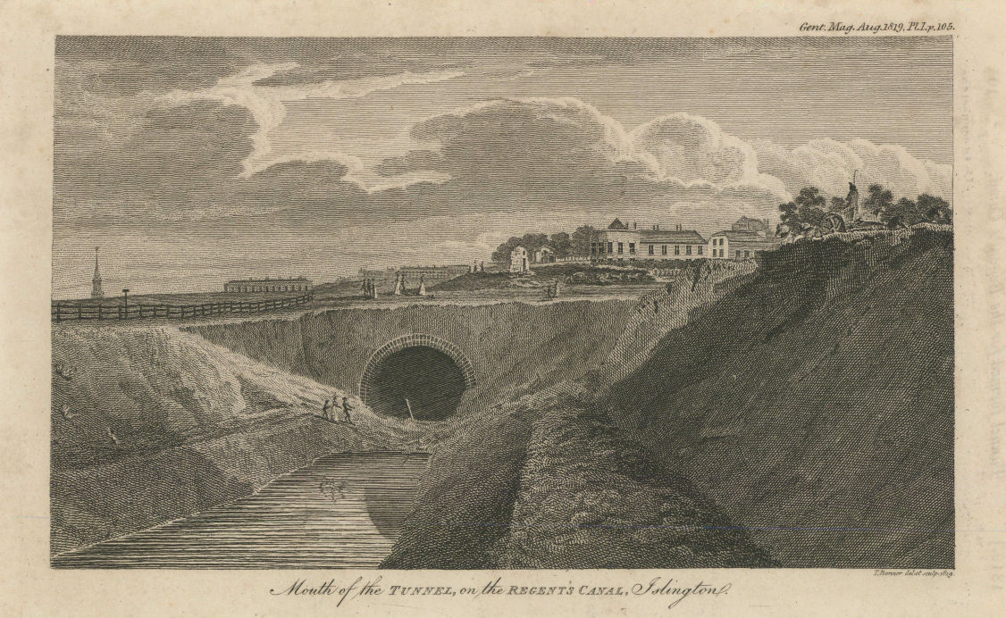 Mouth of Islington Tunnel, on the Regent's Canal, London 1819 old print
