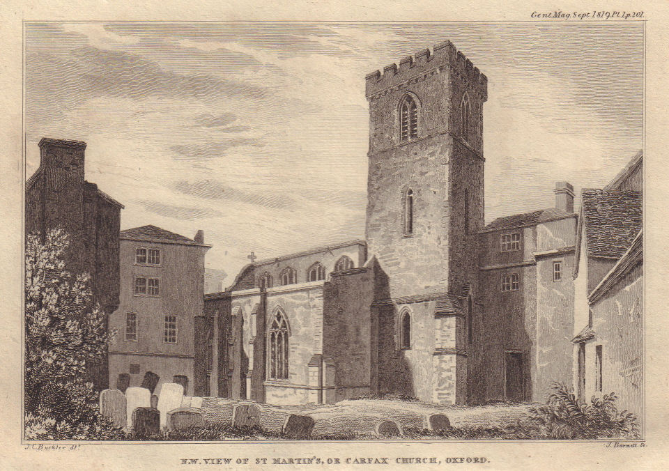 North west view of St Martin's Church at Carfax, Oxford 1819 old antique print