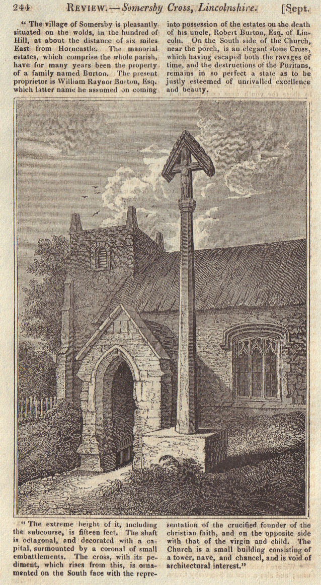Stone Cross at St Margaret's churchyard, Somersby, Lincolnshire 1821 old print