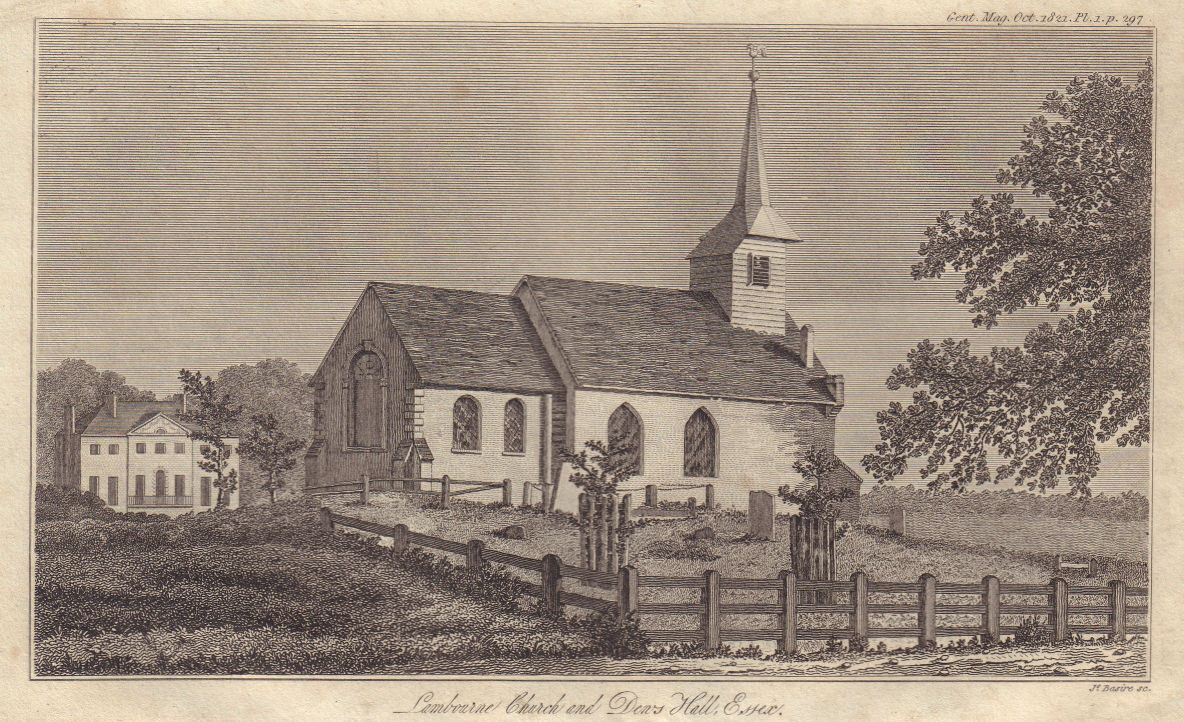 View of St Mary and All Saints' Church & Dews Hall, Lambourne, Essex 1821