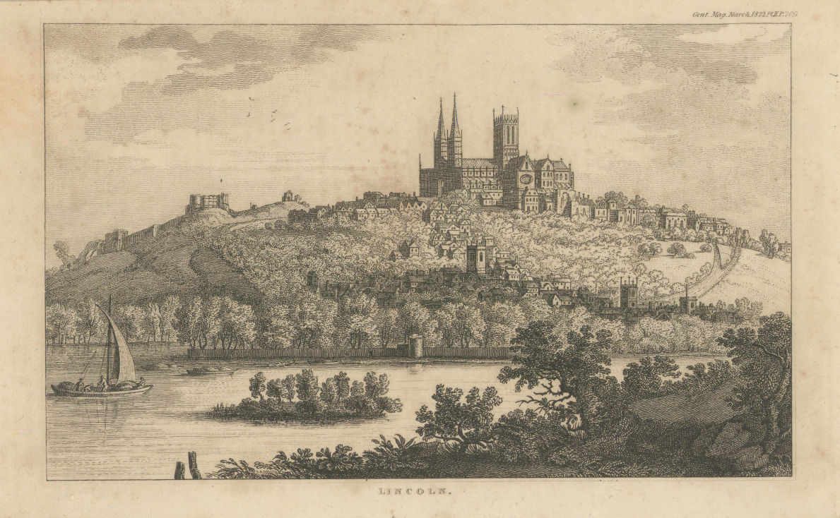 View of the ancient city of Lincoln, Lincolnshire 1822 old antique print