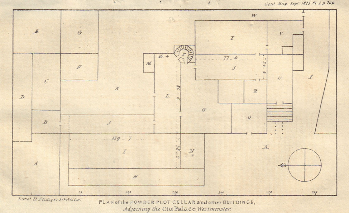 Associate Product Gunpower plot cellar plan, Westminster Old Palace, London. Guy Fawkes 1825 map