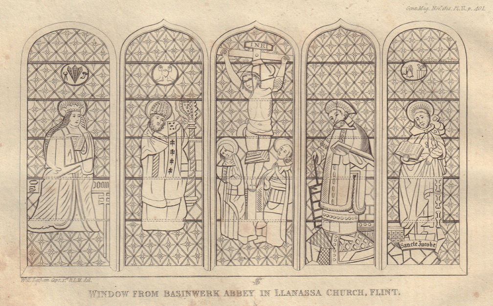 Windows from Basingwerk Abbey in Llanasa Church, Flintshire, Wales 1825 print