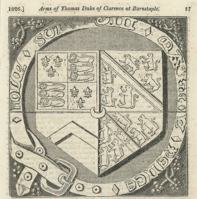 Associate Product Coat of Arms of Thomas Duke of Clarence found at Barnstaple, Devon 1826 print