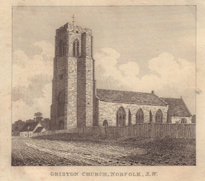 Associate Product South west view of St Peter & St Paul's Church, Griston, Norfolk 1826 print
