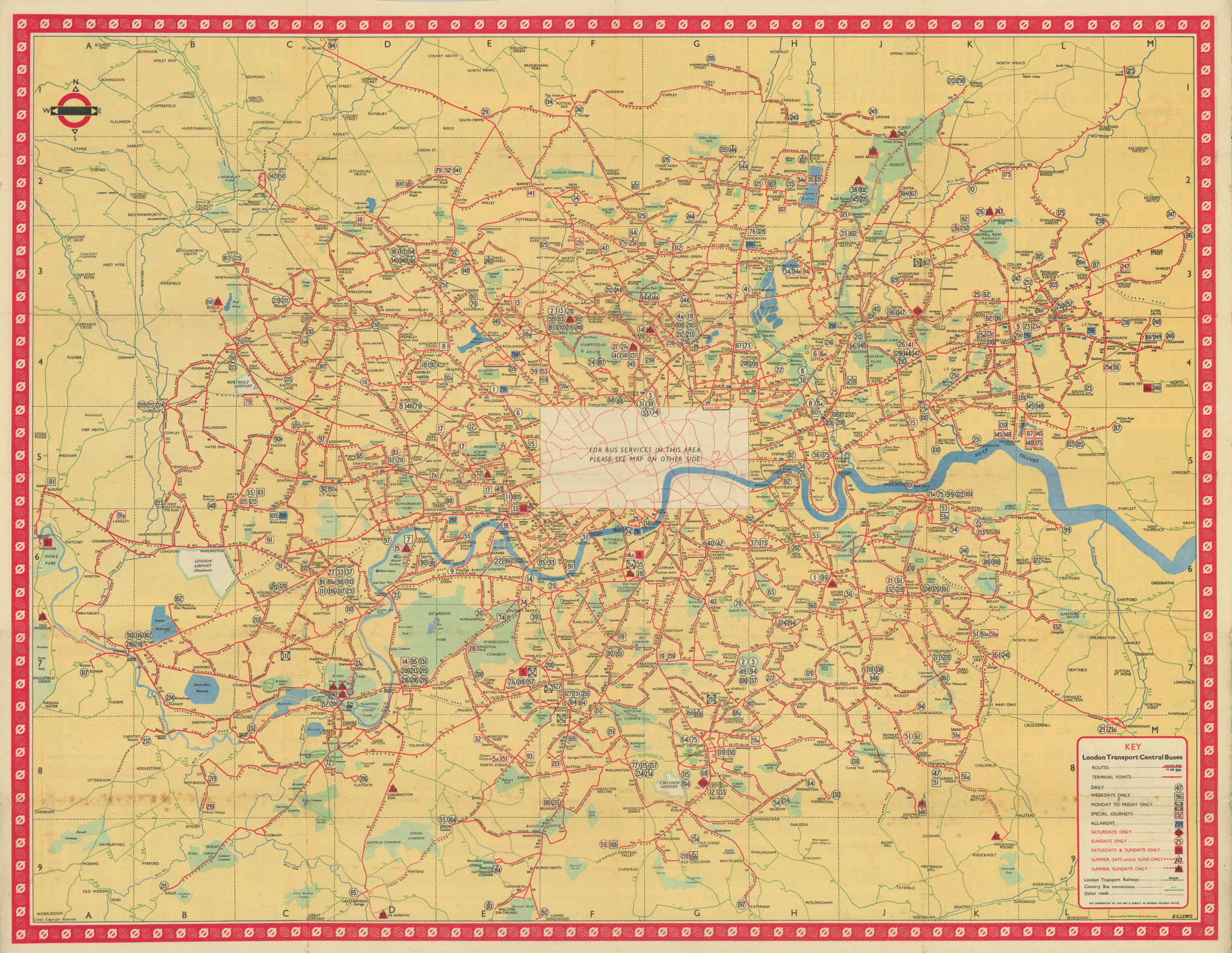 London Transport Bus map Central Area. LEWIS January 1950 old vintage