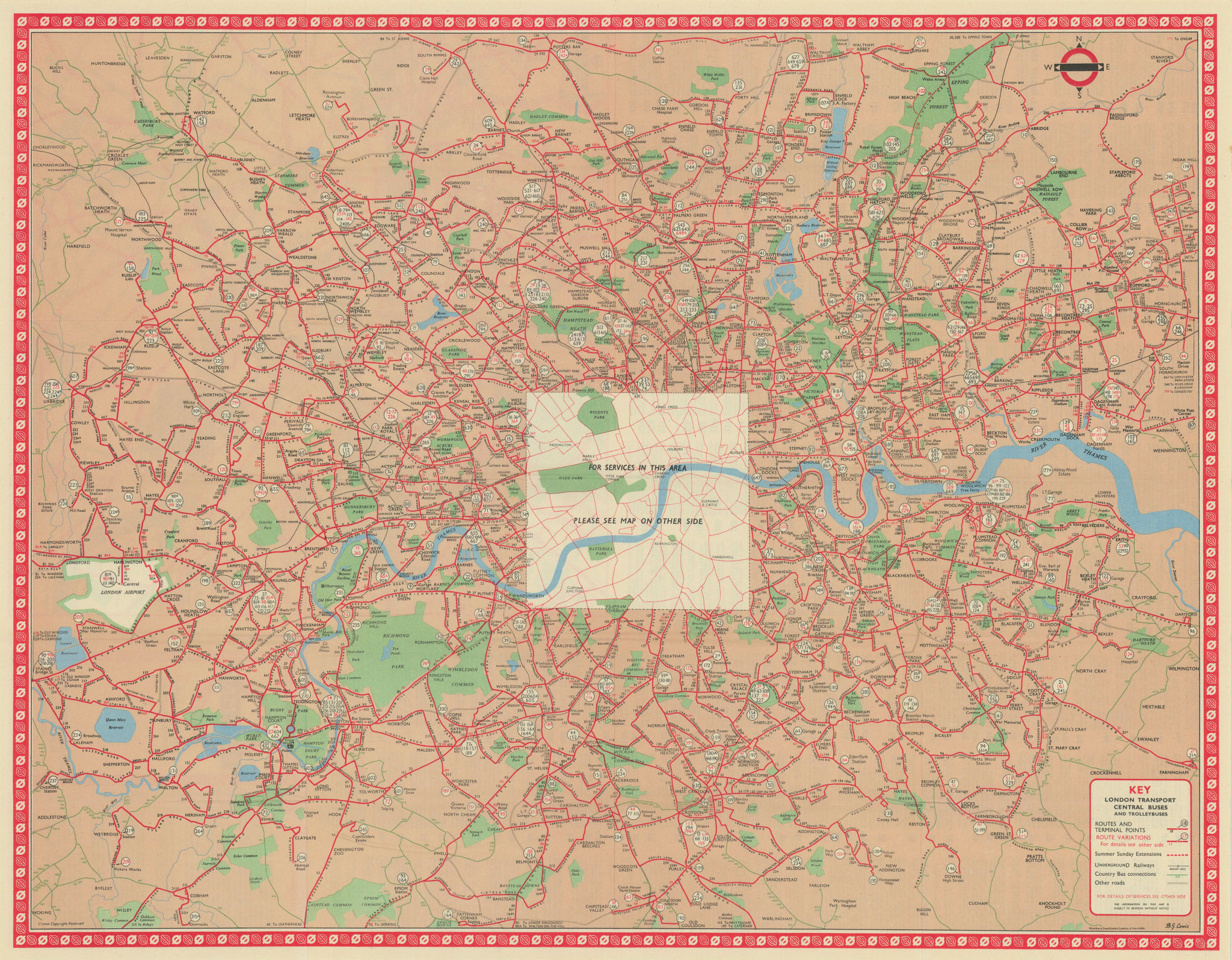 London Transport Bus map Central Area inc. Trolleybuses. LEWIS #1 1959 old