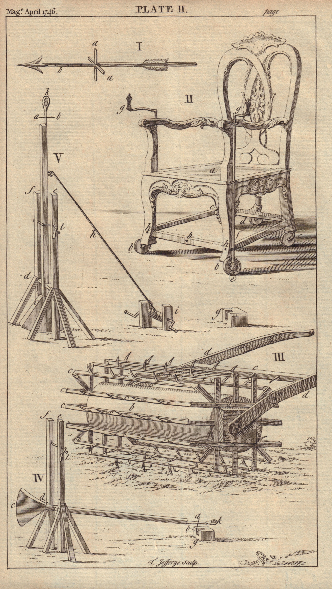 Naval arrow or dart. Gout chair. Rolling Harrow. Grenade thrower 1746 print