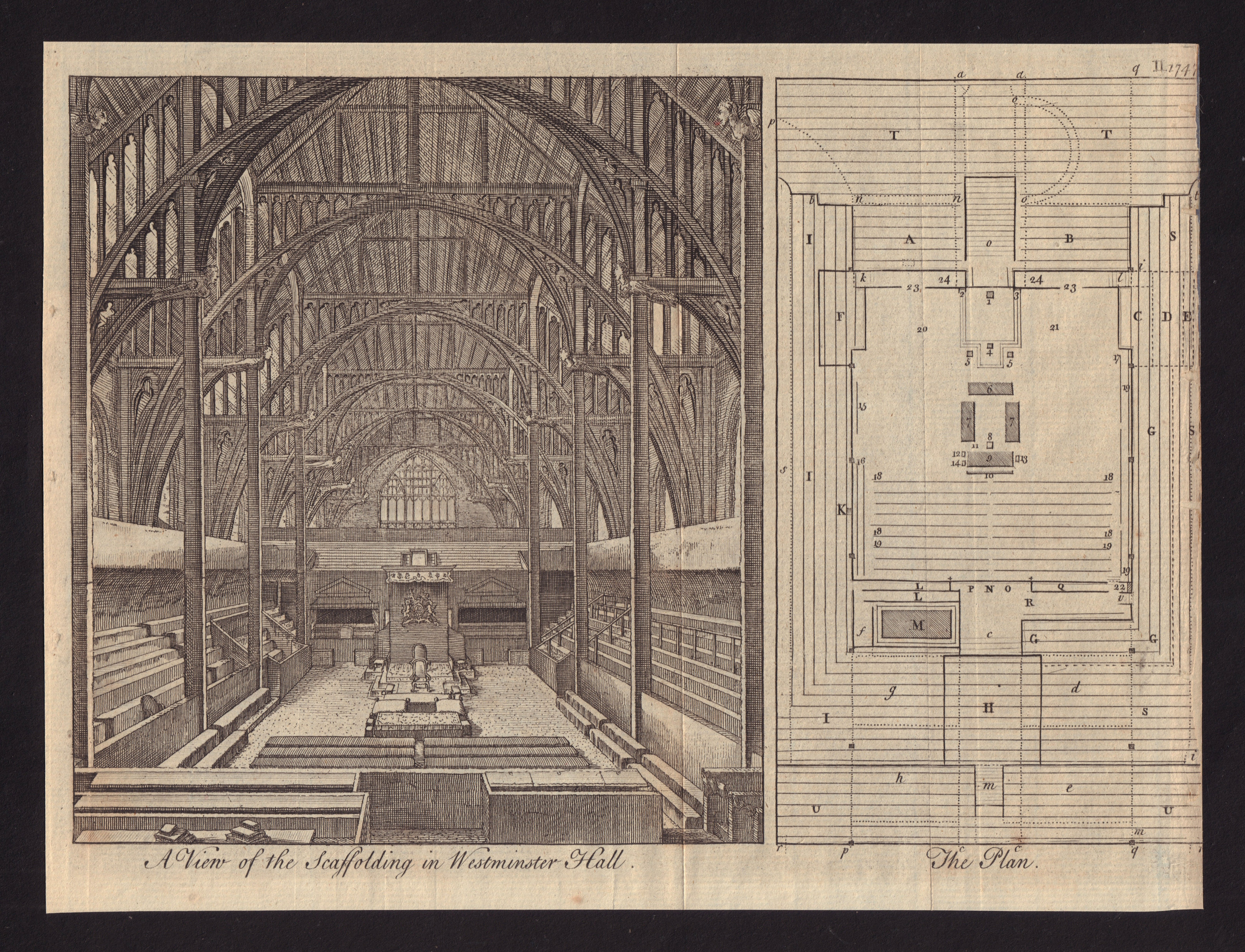 The scaffolding in Westminster Hall, and plan of the same. London 1747 print