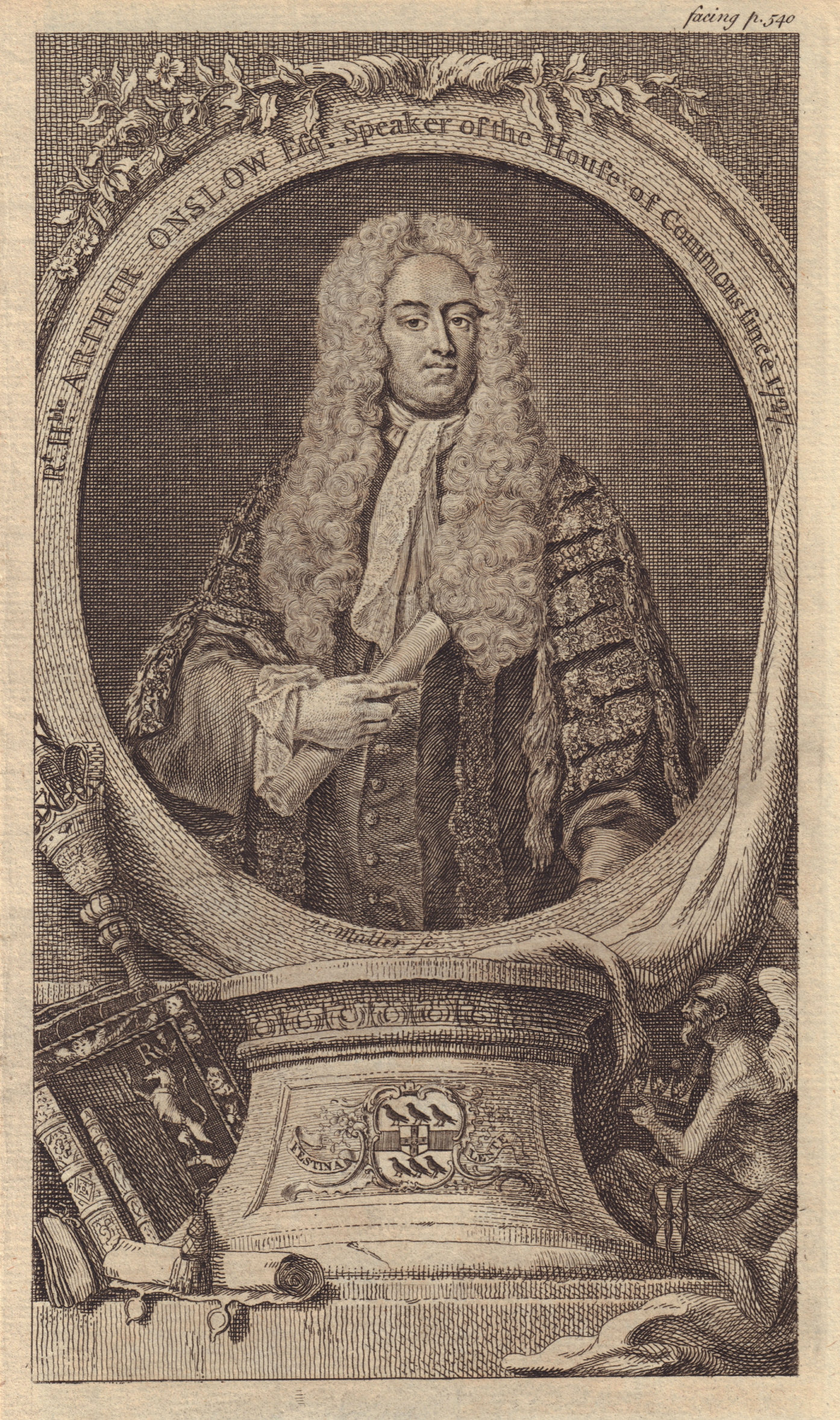 Portrait of Arthur Onslow, Esq. Speaker of the House of Commons 1747 old print