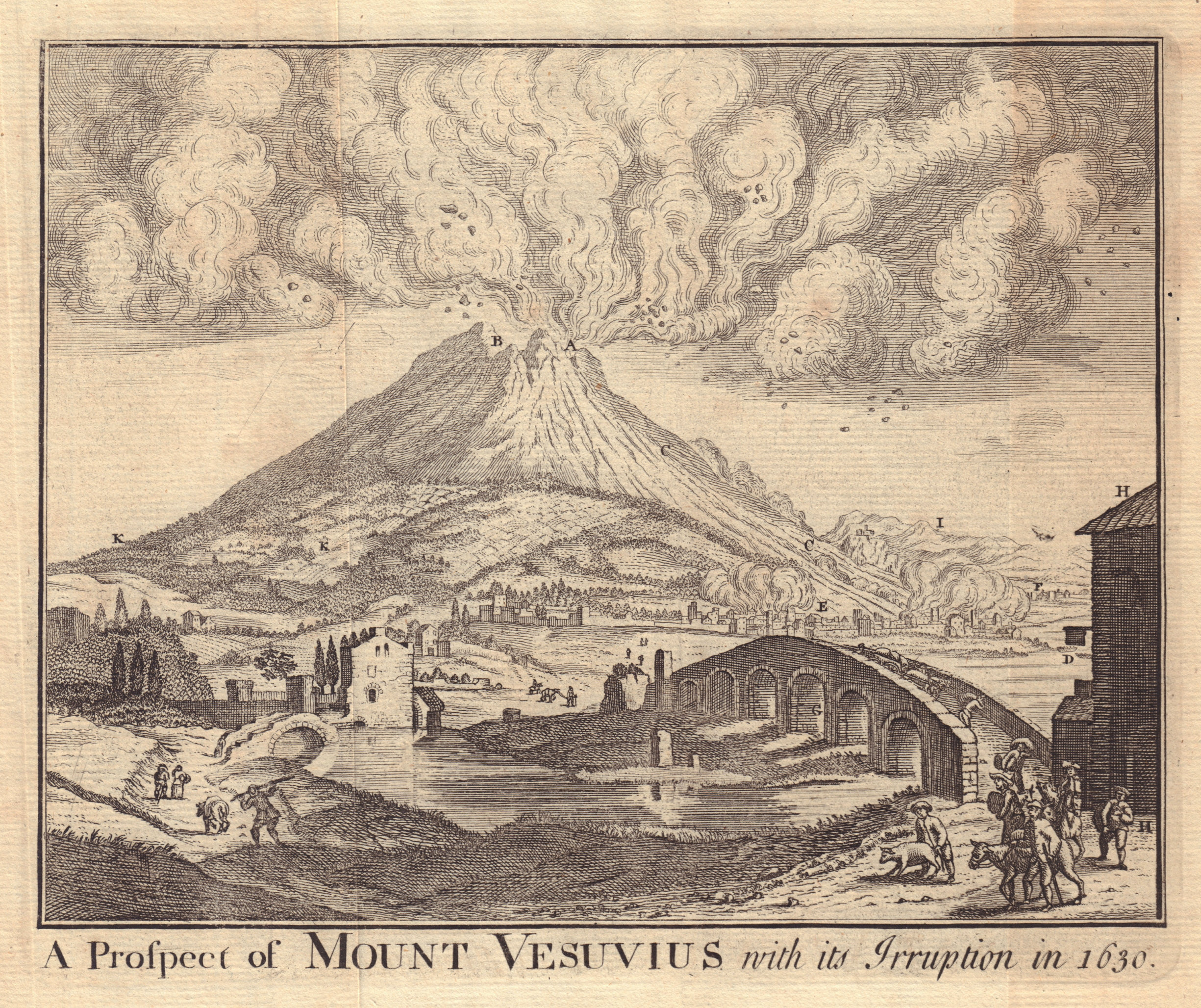 Associate Product Prospect of Mount Vesuvius with its Irruption in 1630. Eruption 1750 old print