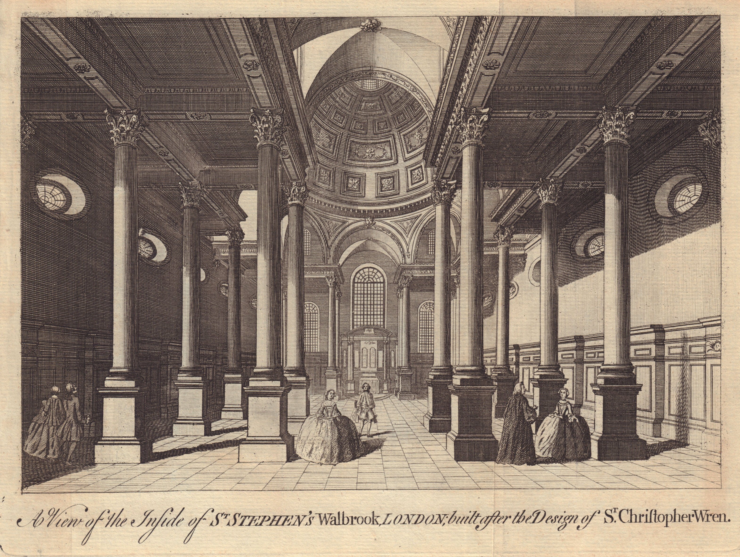 Interior of St Stephen's Walbrook, London. Sir. Christopher Wren 1750 print