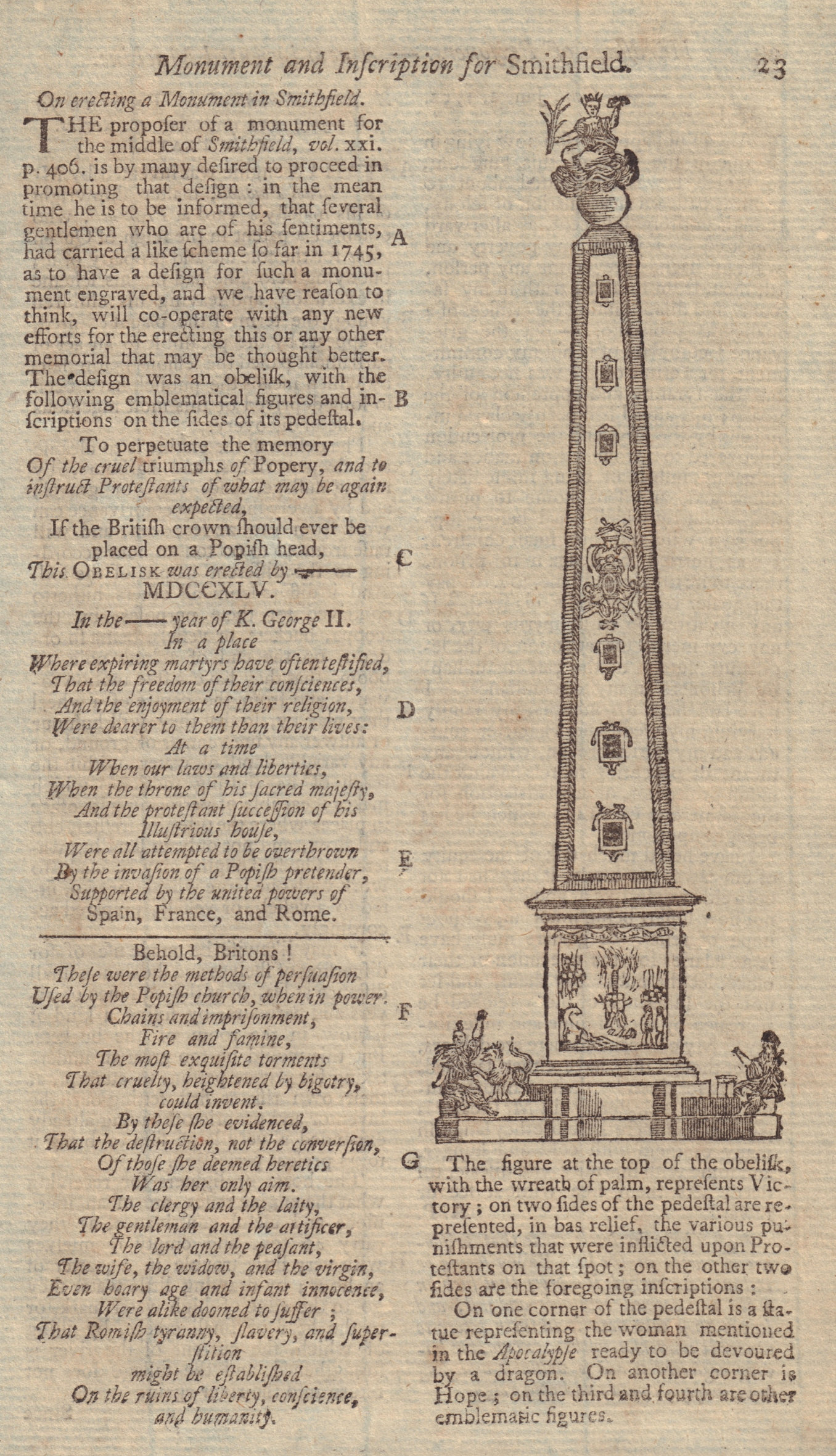 Associate Product Obelisk proposed to be erected in Smithfield, London. GENTS MAG 1752 old print