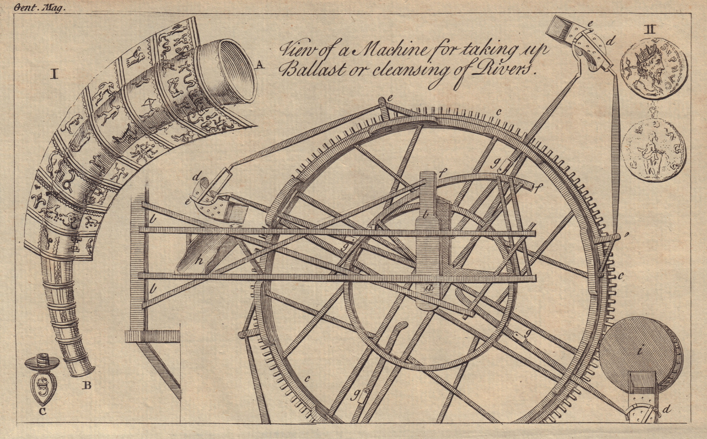 River sand dredging machine for ballast. King of Denmark's golden horn 1752