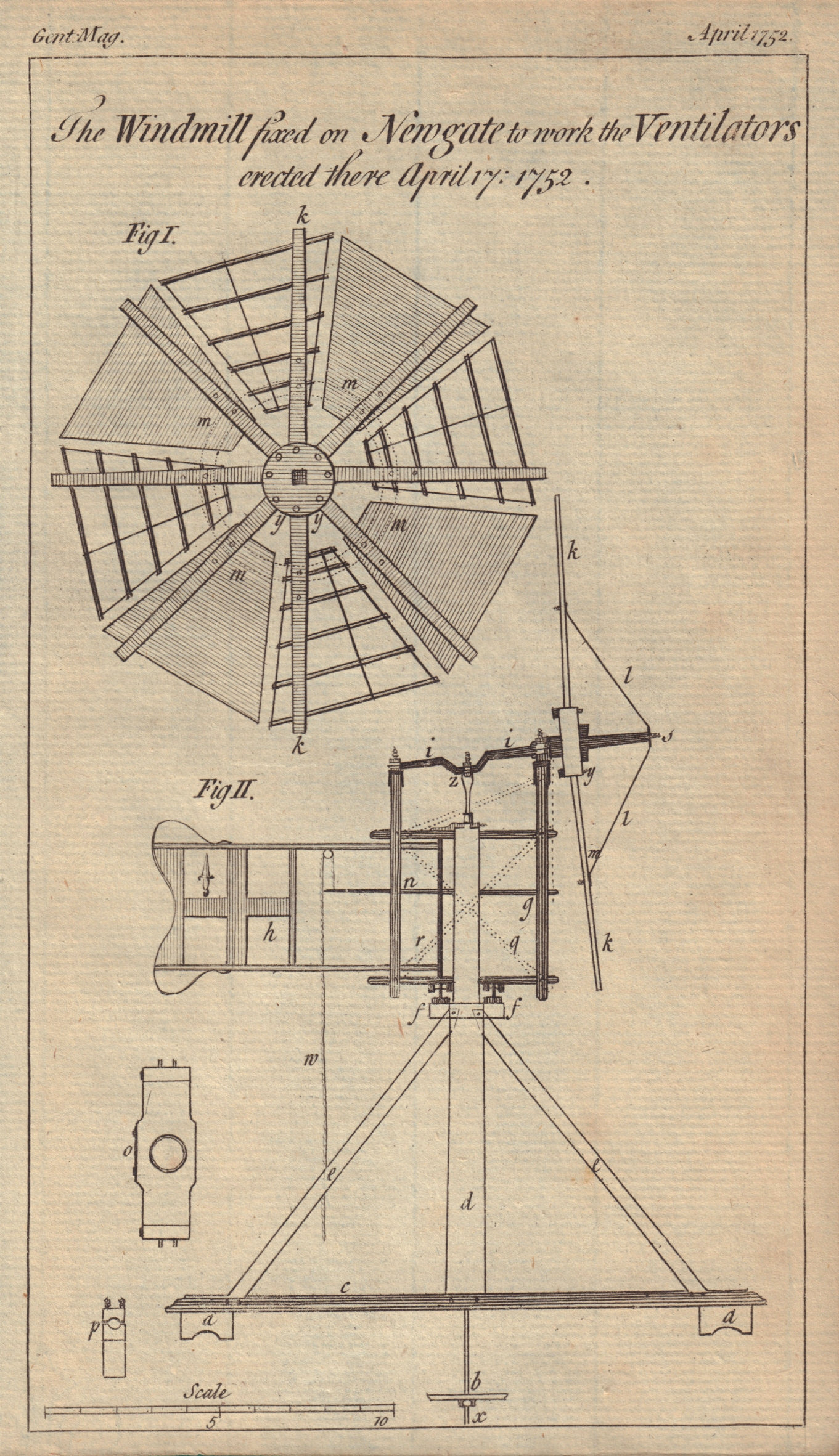 The Windmill fixed on Newgate [jail] to work the Ventilators erected 1752