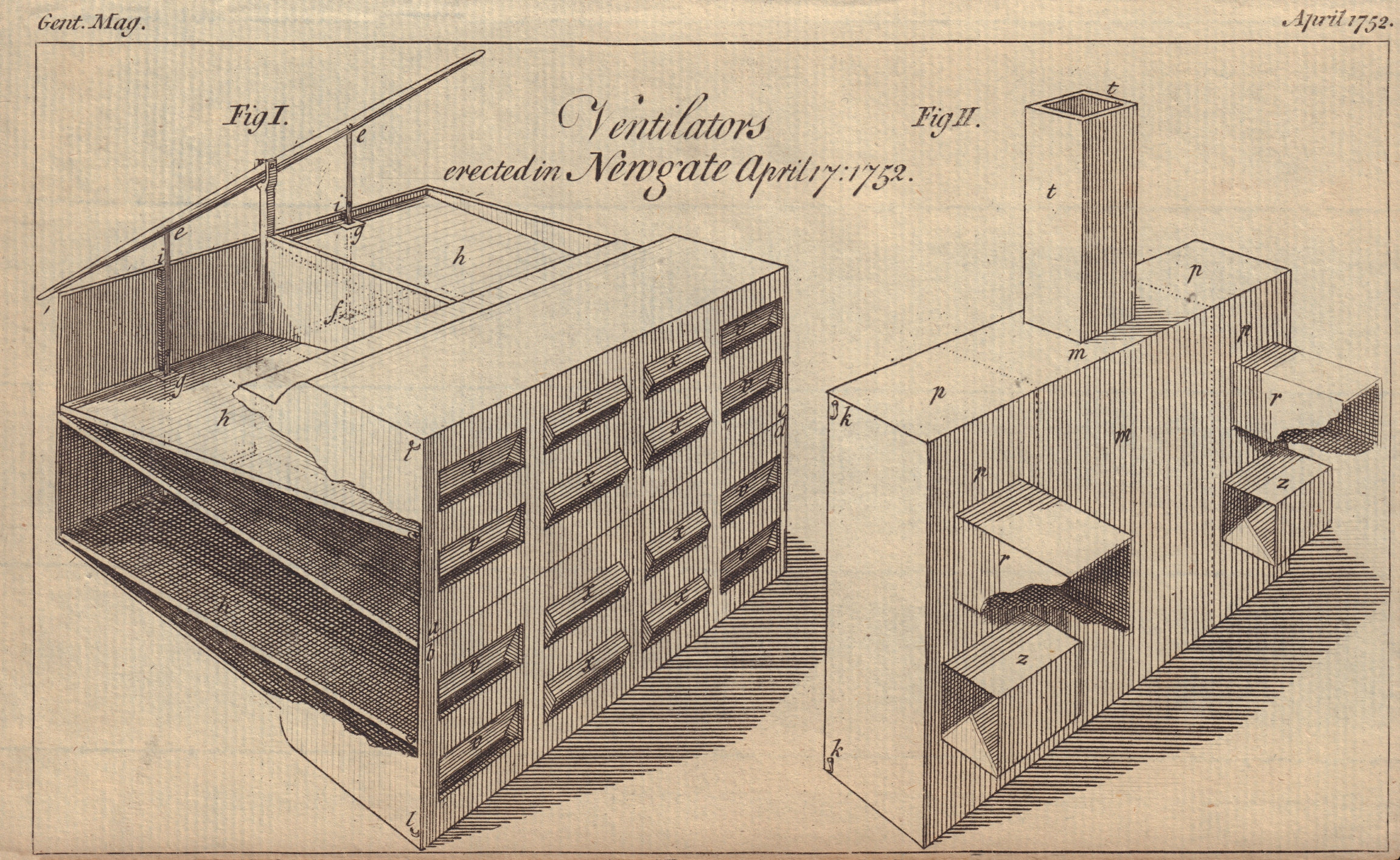 Associate Product Ventilators erected in Newgate April 17. 1752. London. GENTS MAG 1752 print