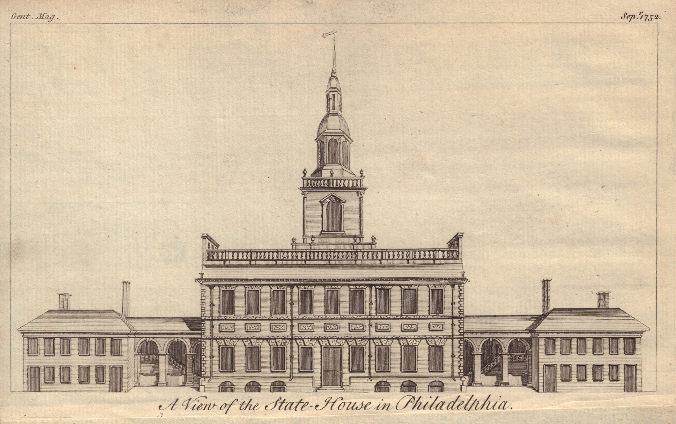 A View of the State House in Philadelphia. Independence Hall 1752 old print