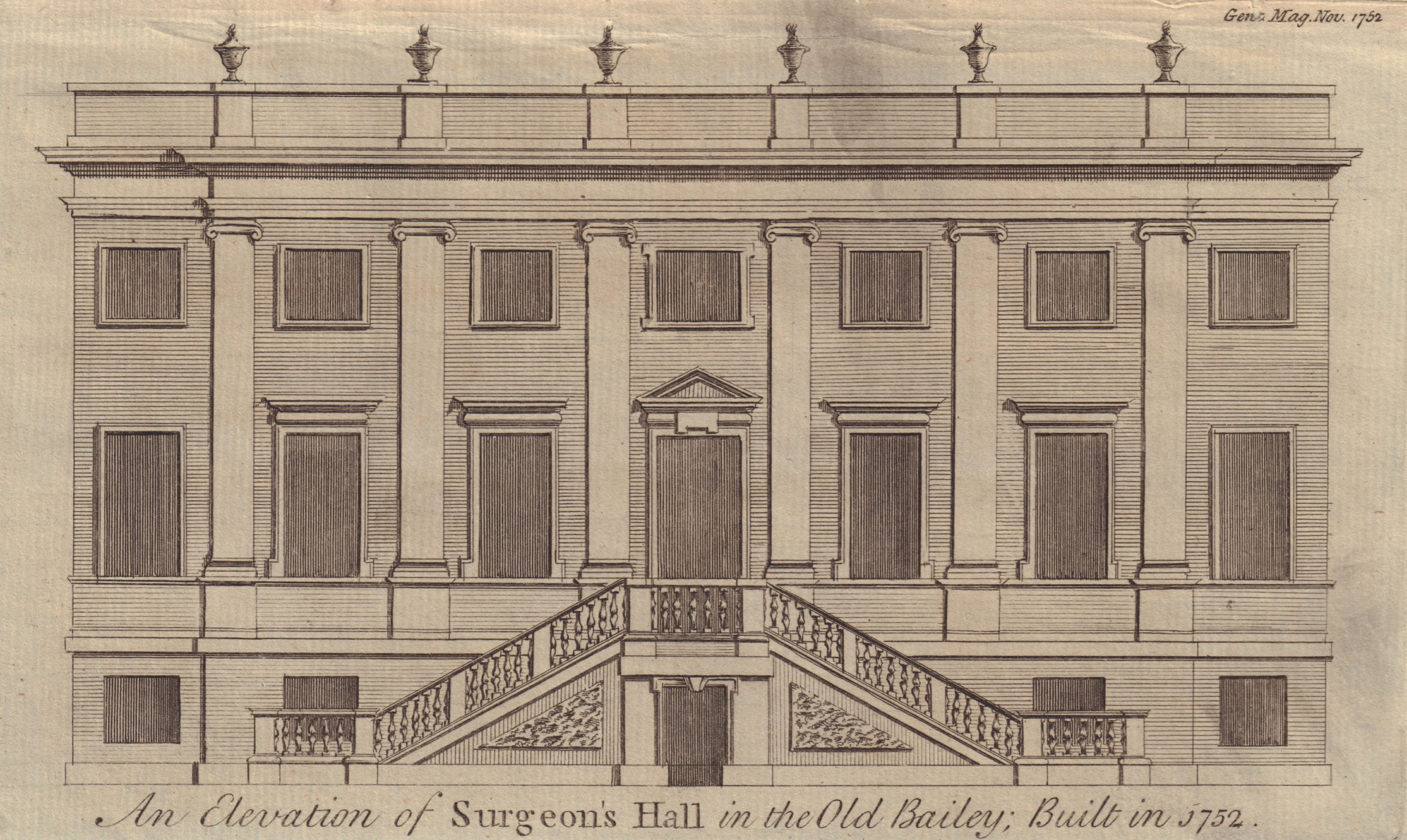 An Elevation of Surgeon's Hall in the Old Bailey, London. GENTS MAG 1752 print