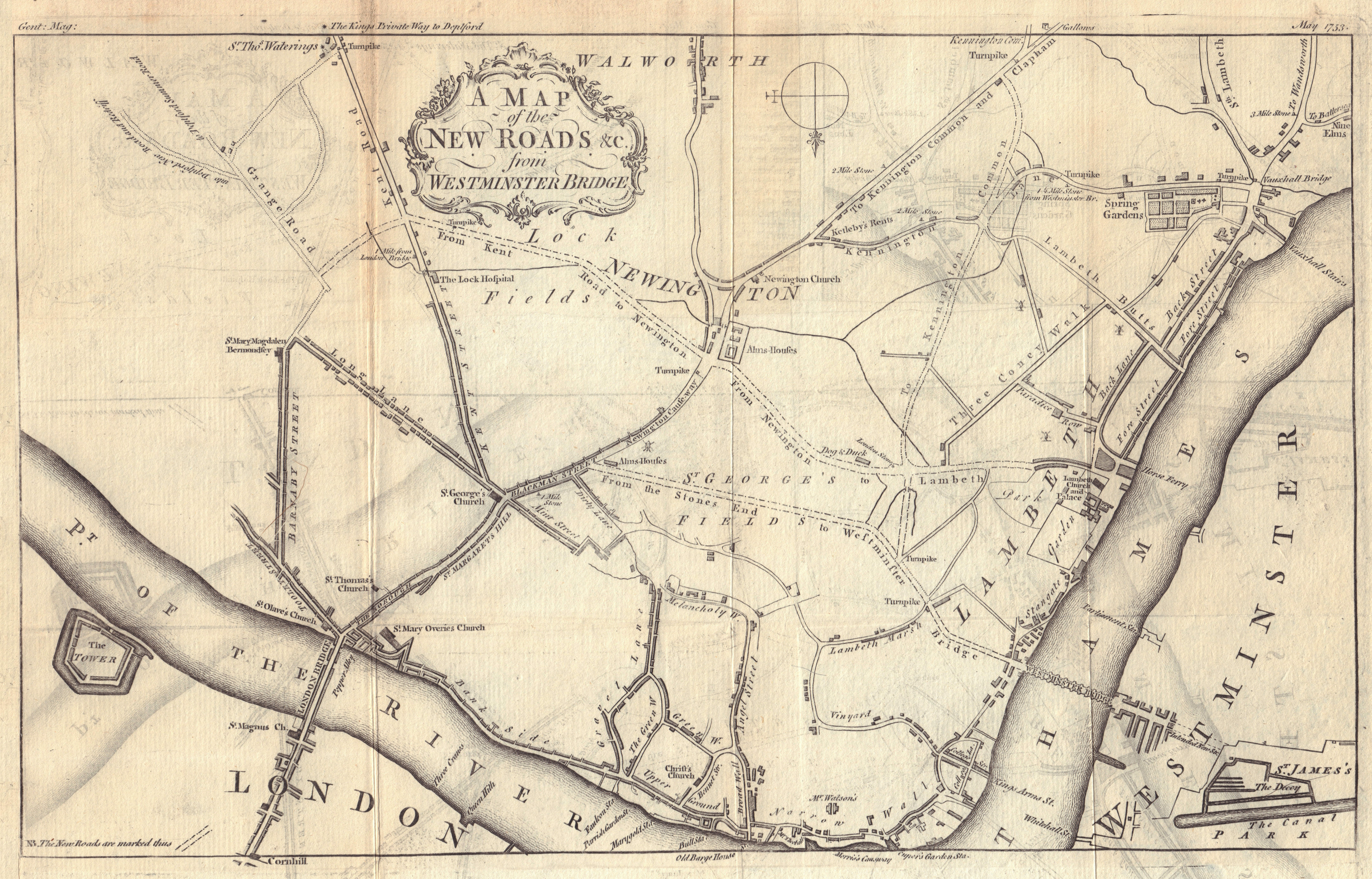 A Map of the New Roads &c from Westminster Bridge. London. GENTS MAG 1753