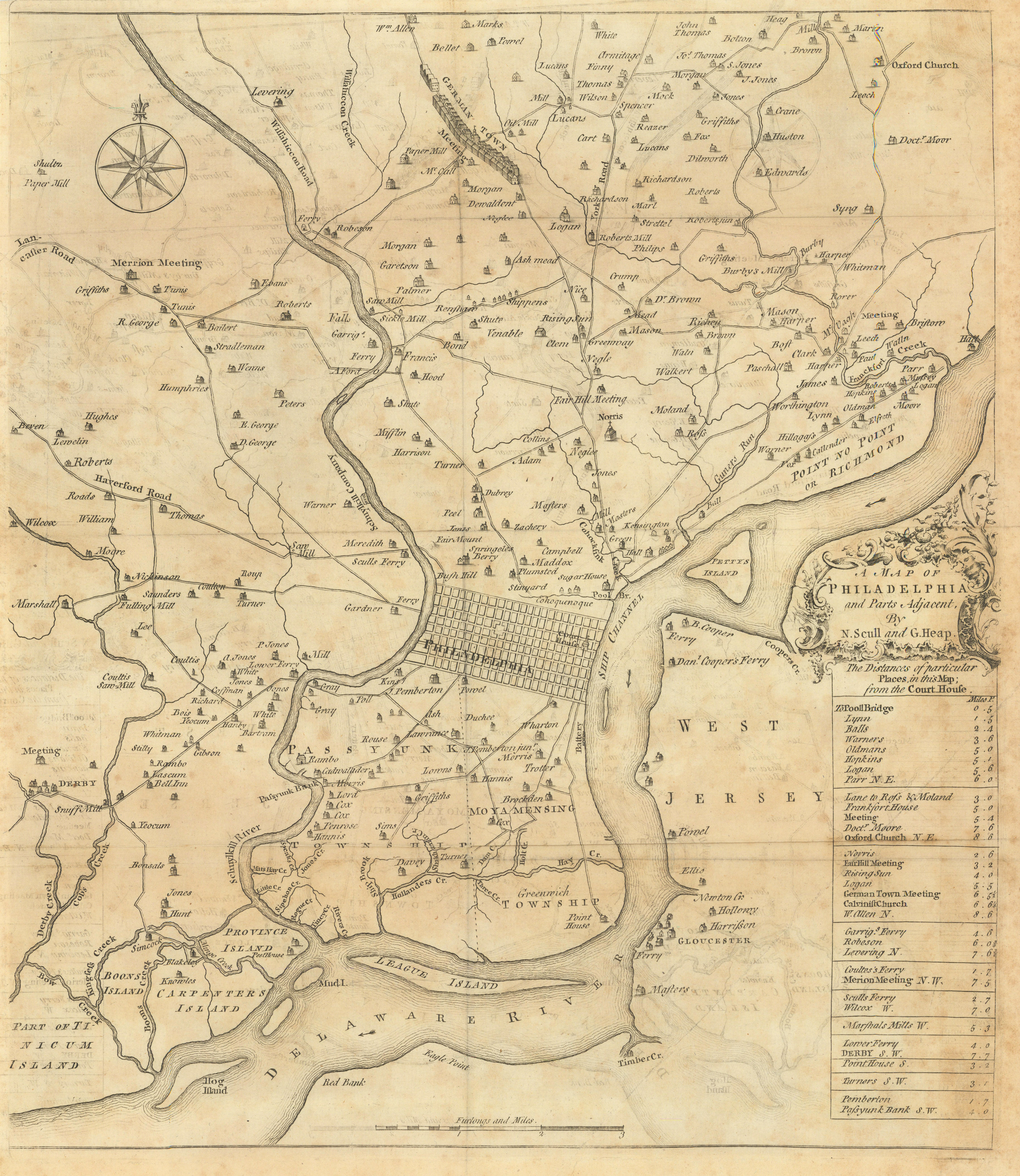A map of Philadelphia and parts adjacent. Pennsylvania. SCULL & HEAP 1753