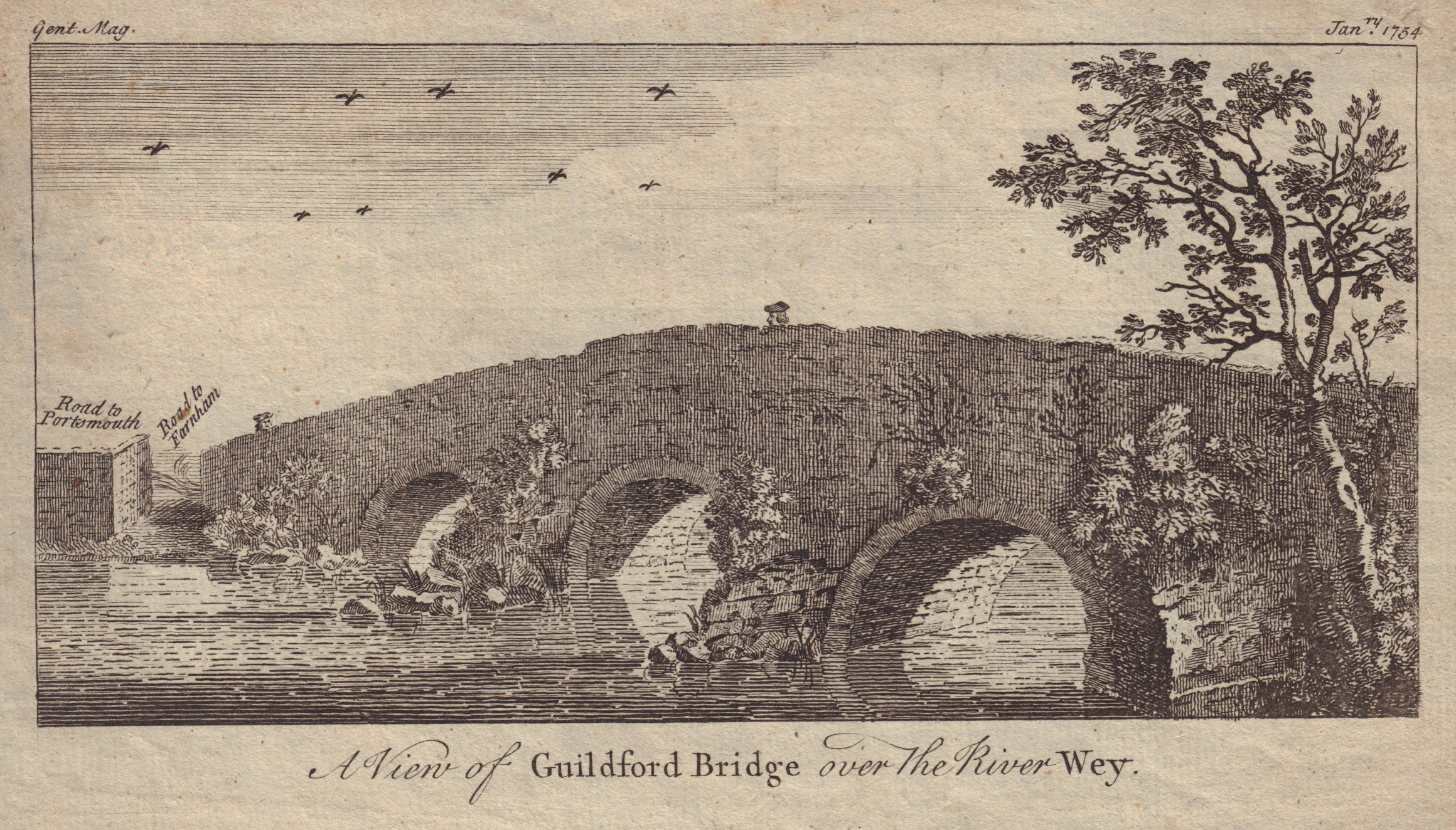 Associate Product A View of Guildford Bridge over the River Wey. Surrey. GENTS MAG 1754 print