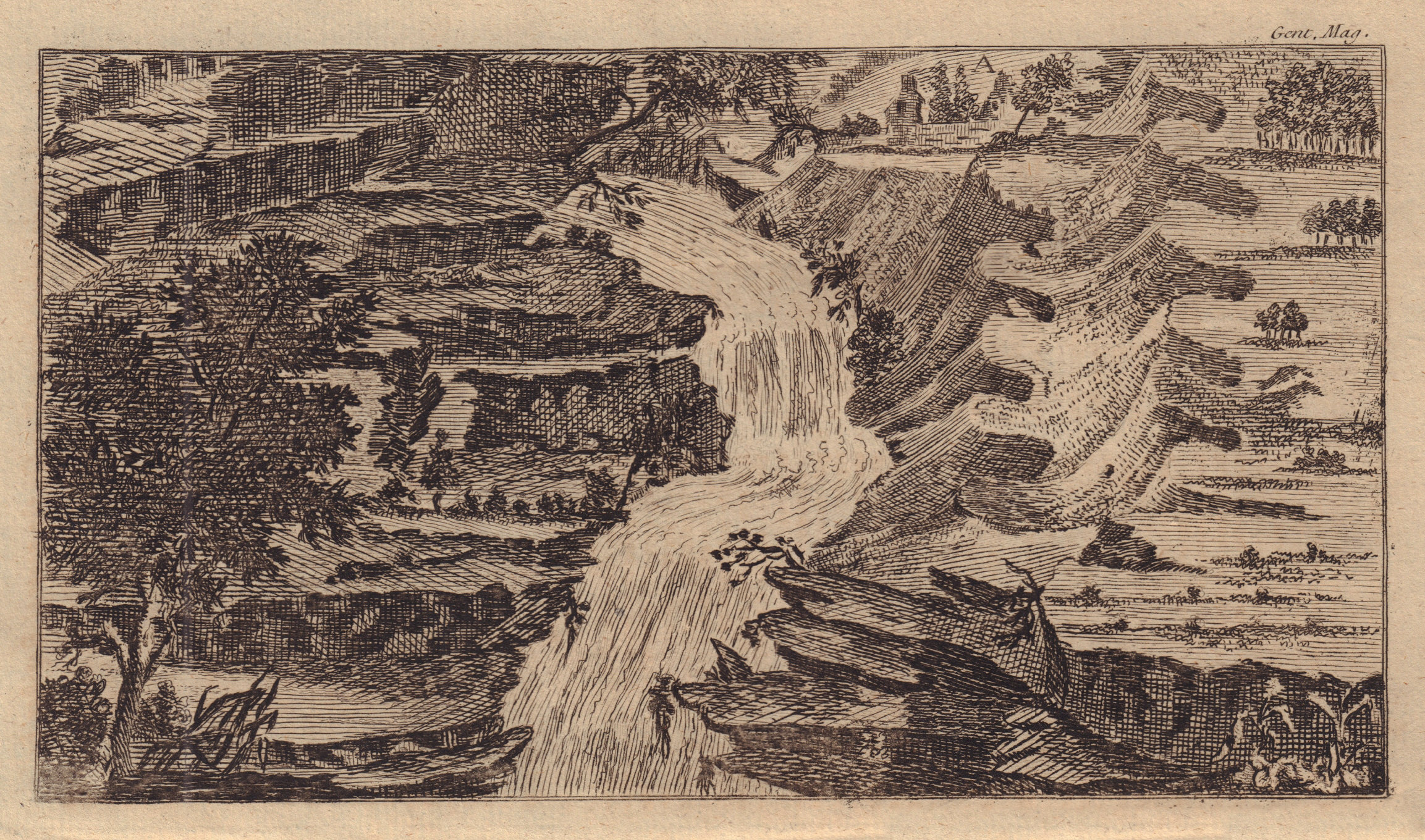 Corra Linn waterfalls on the River Clyde, Scotland. GENTS MAG 1758 old print