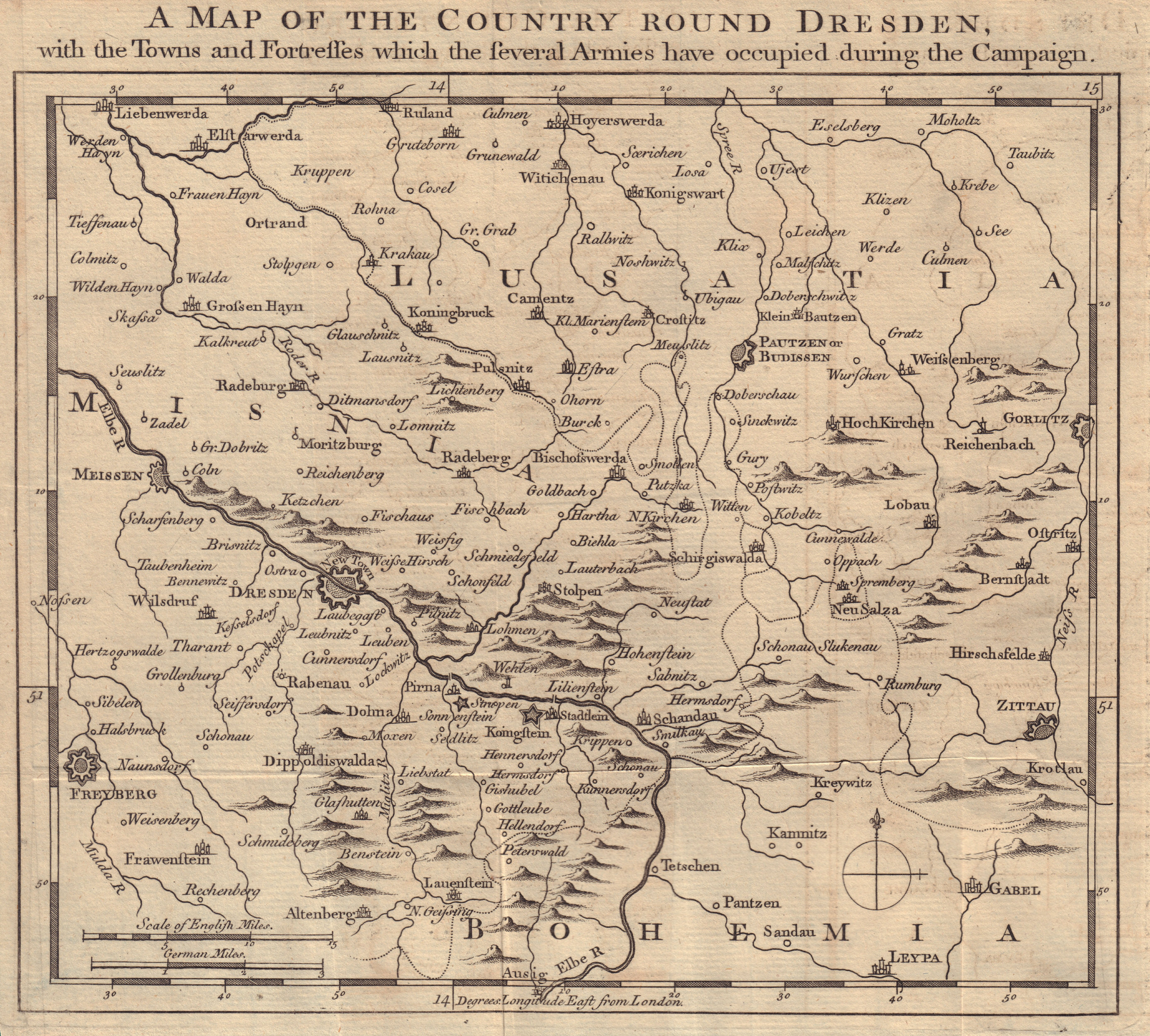 A Map of the Country round Dresden… Meissen Freiberg Zittau GENTS MAG 1758