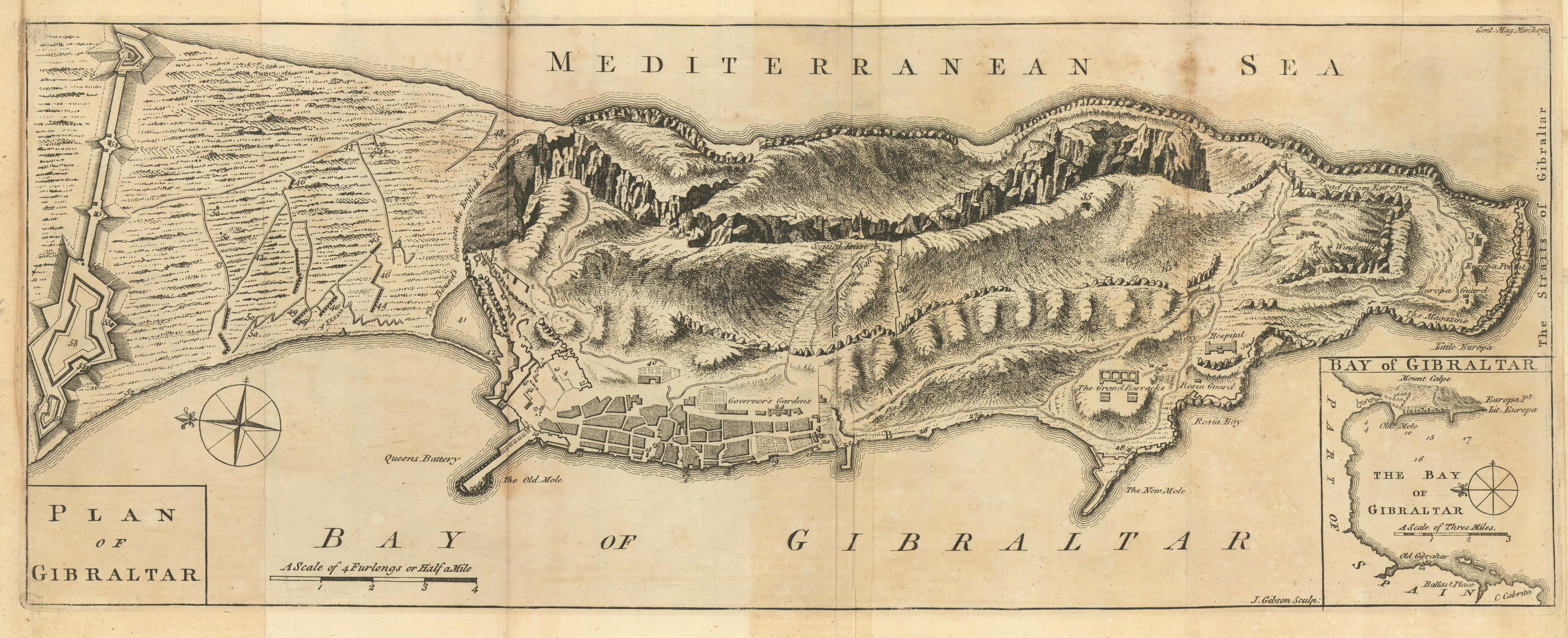 Associate Product Plan of Gibraltar by John Gibson. Gentleman's Magazine 1762 old antique map