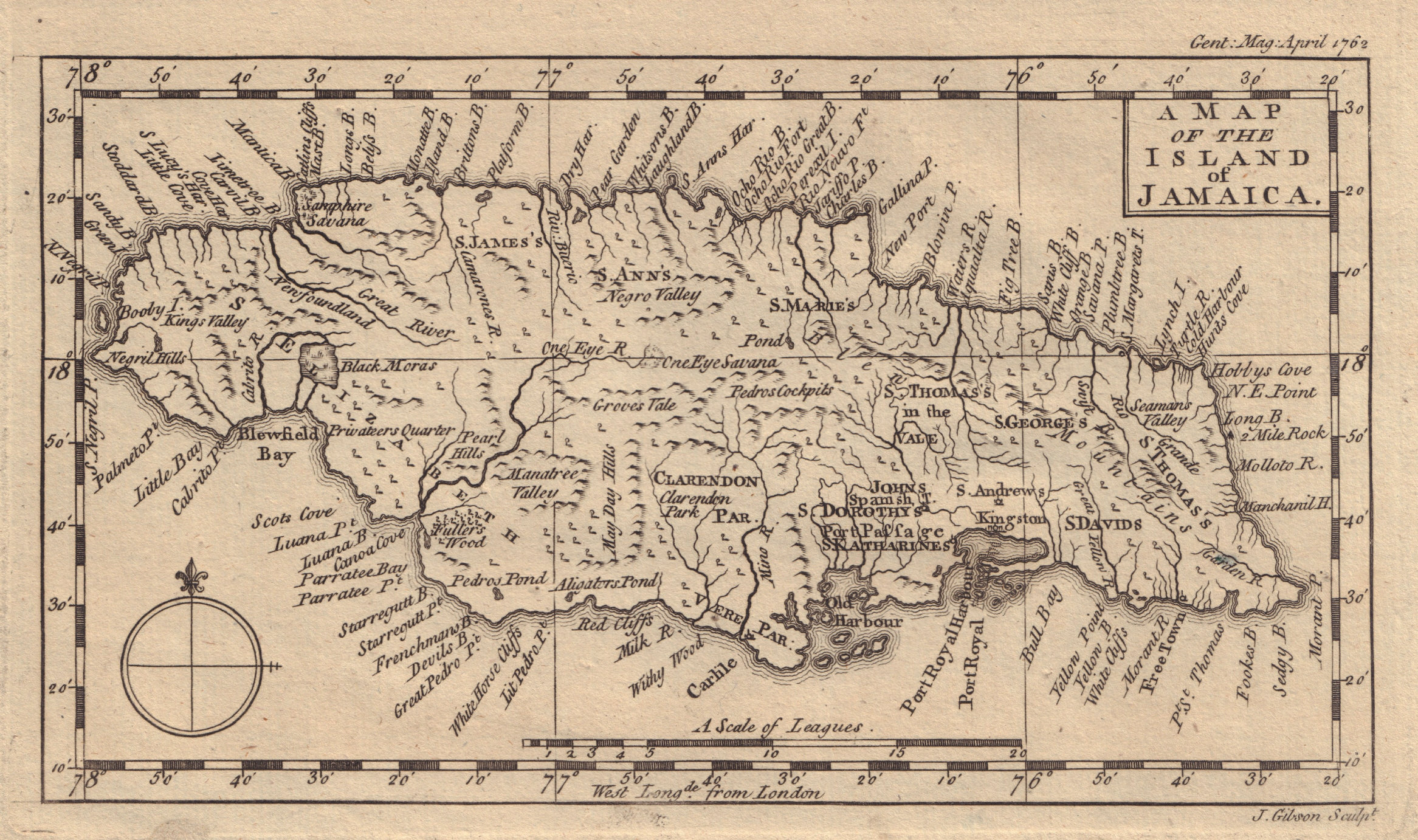 A Map of the Island of Jamaica by John Gibson. Gentleman's Magazine 1762