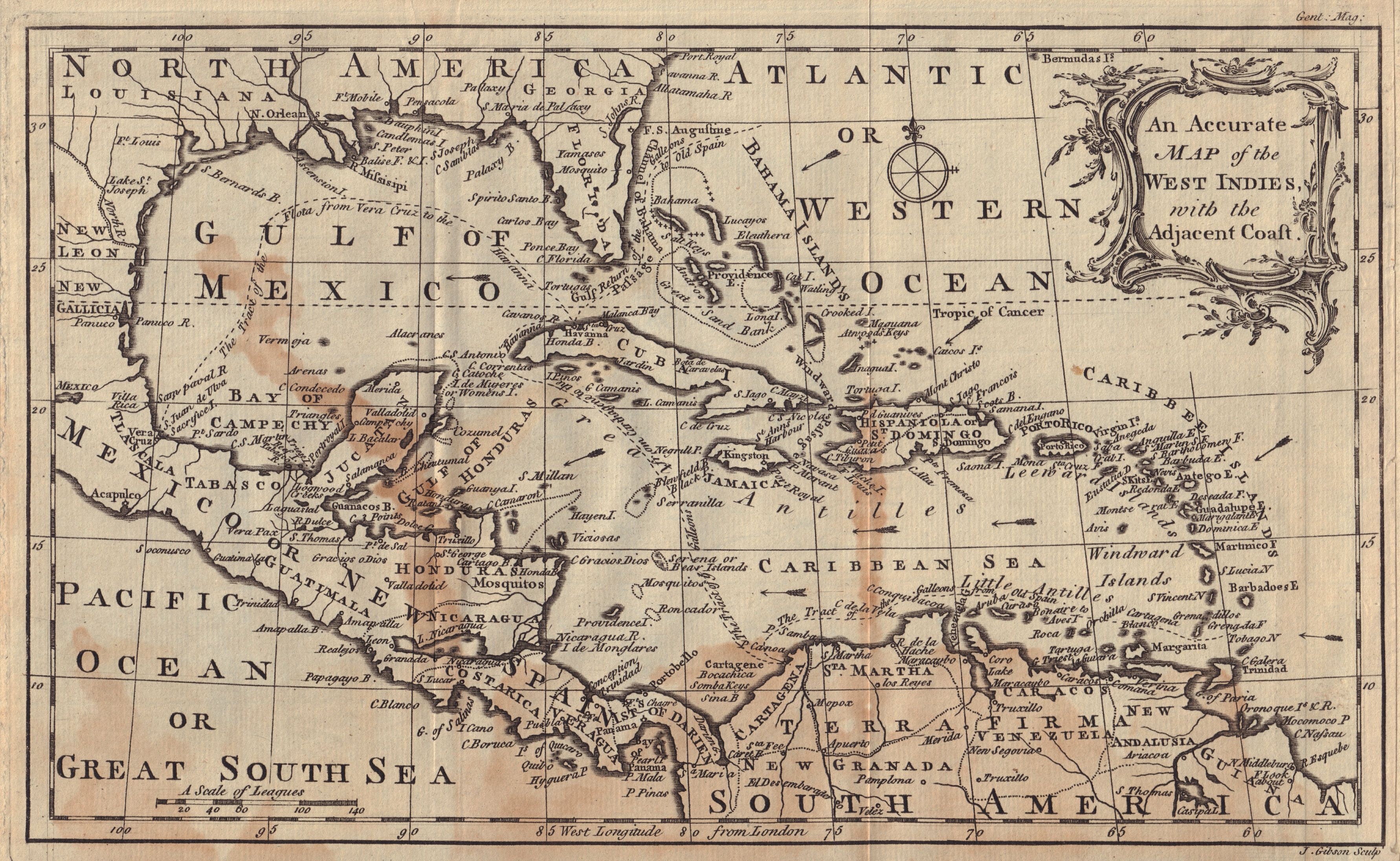 An Accurate Map of the West Indies with the Adjacent Coast. GIBSON 1762