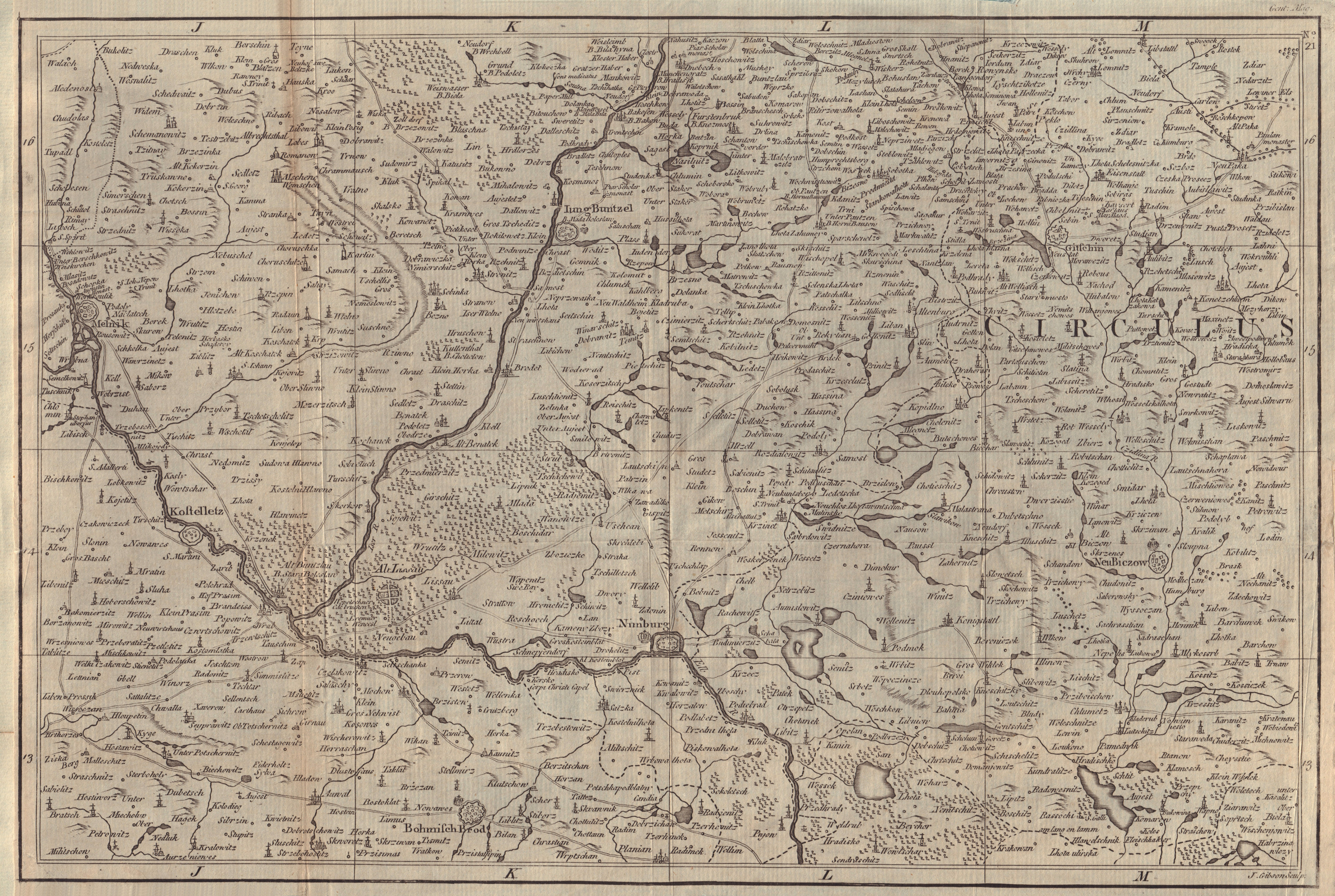 Central Bohemia Czechia. Nymburk Elbe Kostelec Melnik Cesky Brod GIBSON 1762 map