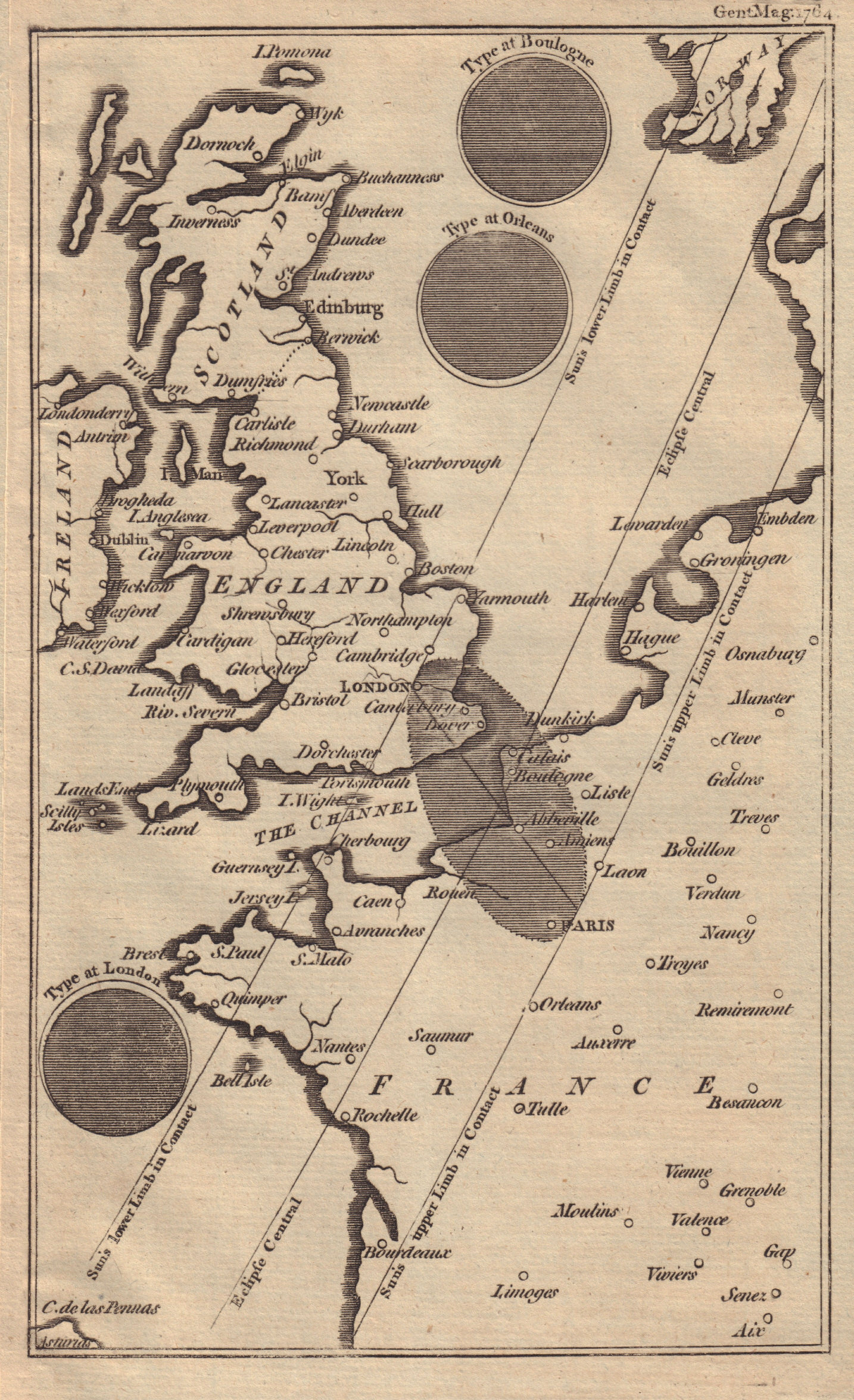 The Solar eclipse of 1 April 1764 across England & France. GENTS MAG 1764 map