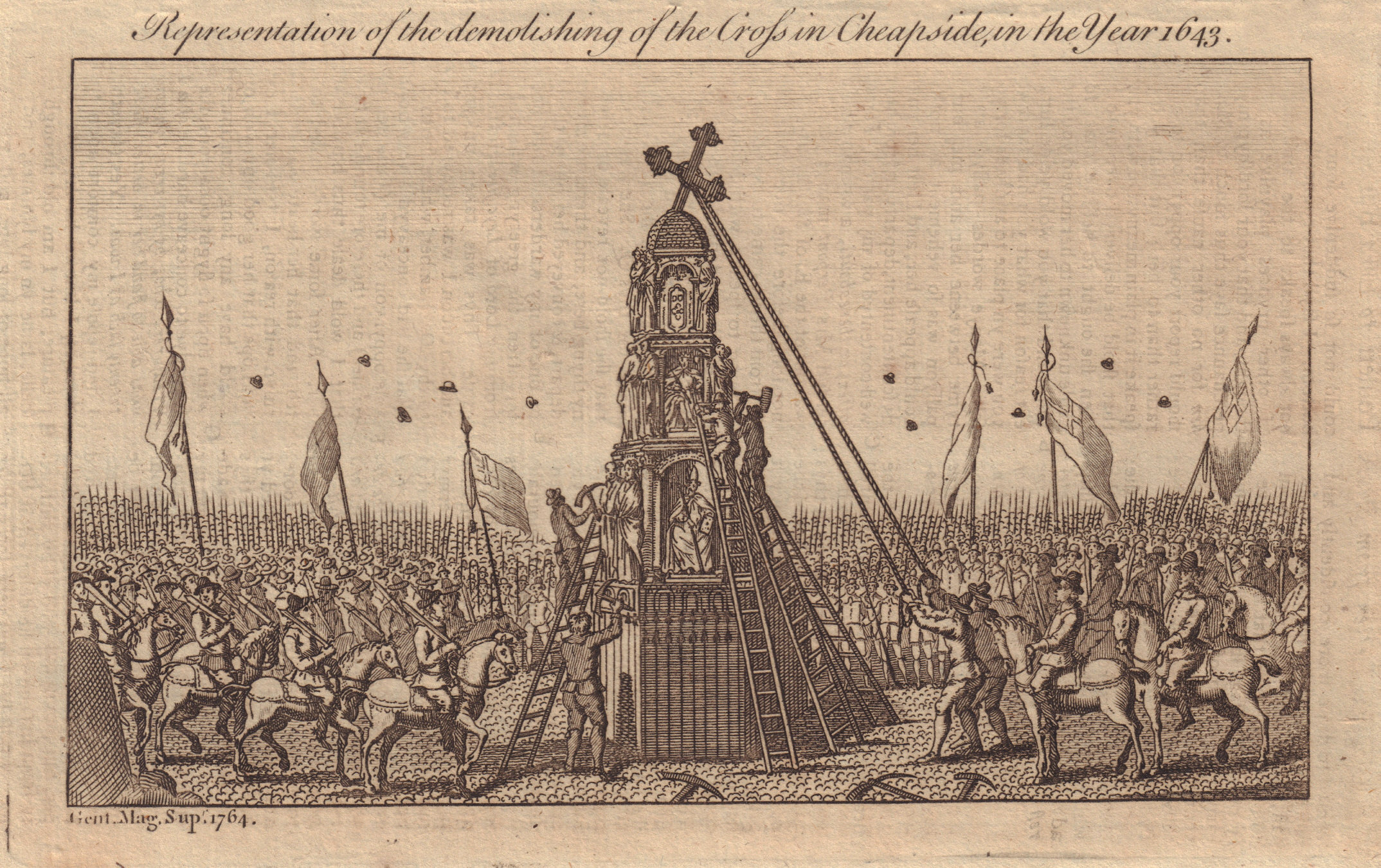 Demolishing of the Cross in Cheapside in the Year 1643. London 1764 old print