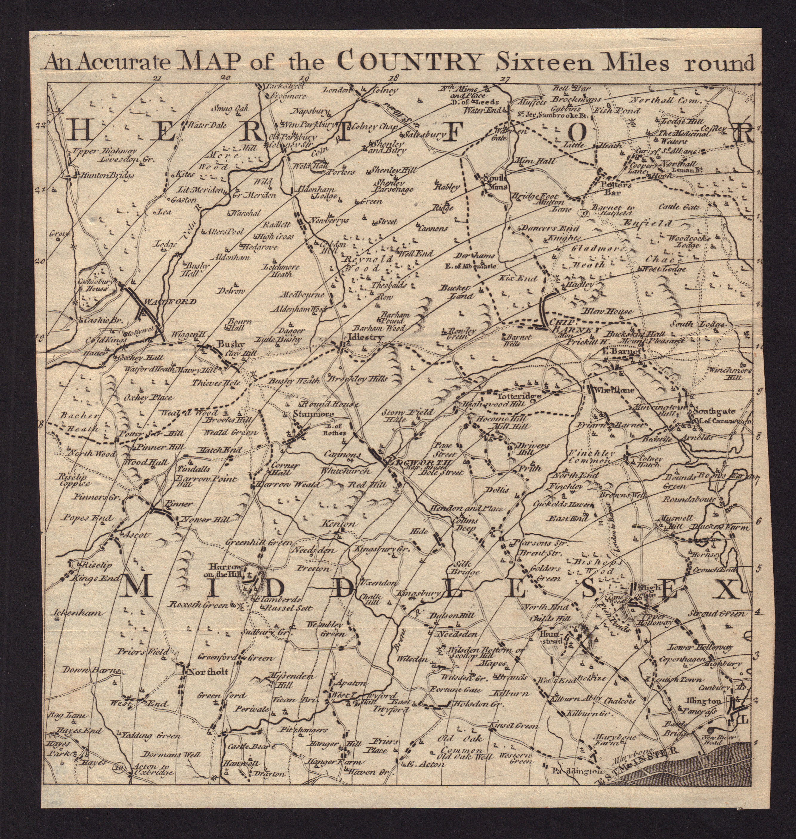 NW London & Hertfordshire. Enfield Barnet Harrow Brent Camden GENTS MAG 1764 map