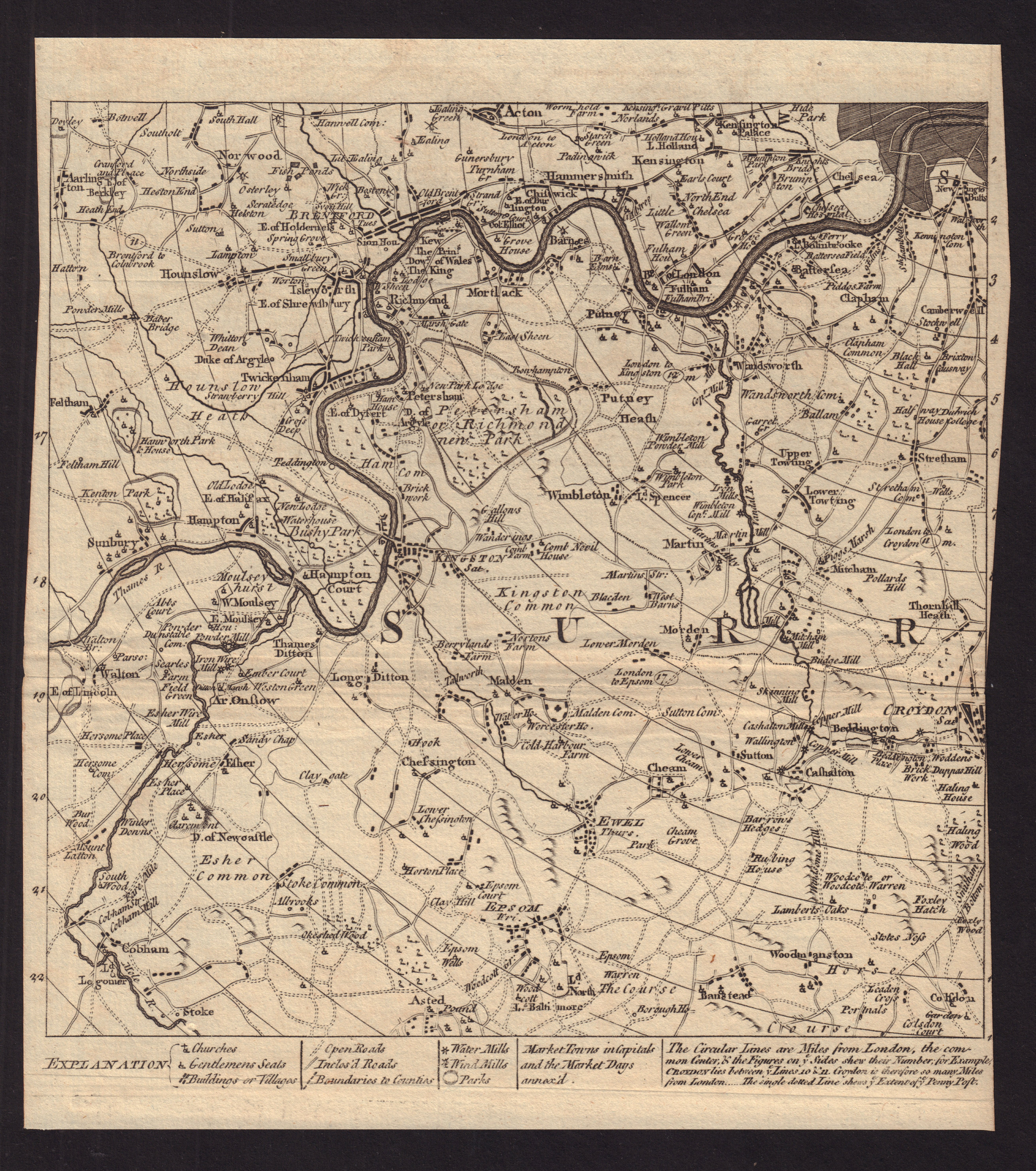 SW London & Surrey. Richmond Wandsworth Merton Kensington. GENTS MAG 1764 map