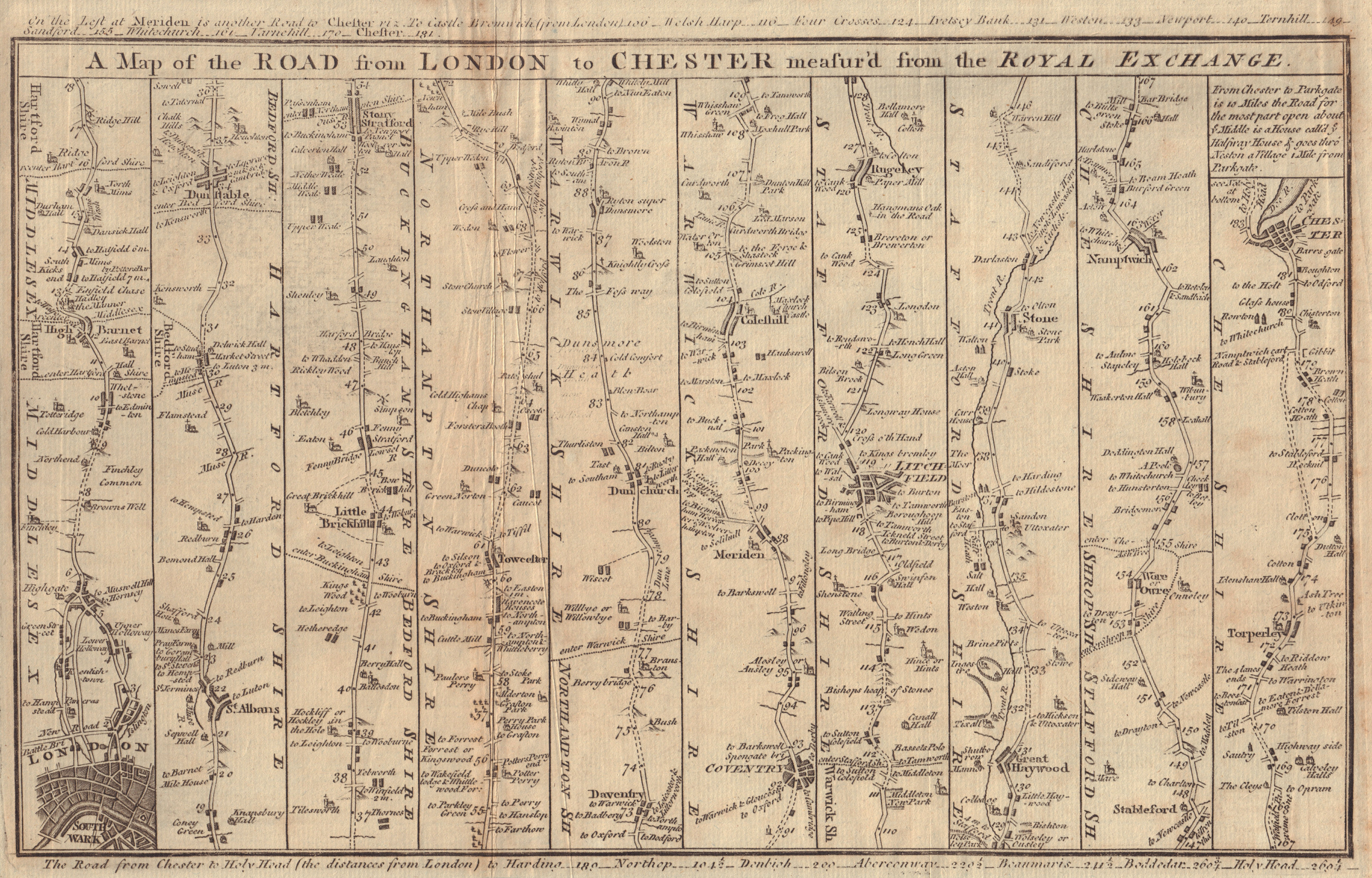 Associate Product The Road from London to Chester. St Albans Coventry Lichfield GENTS MAG 1765 map