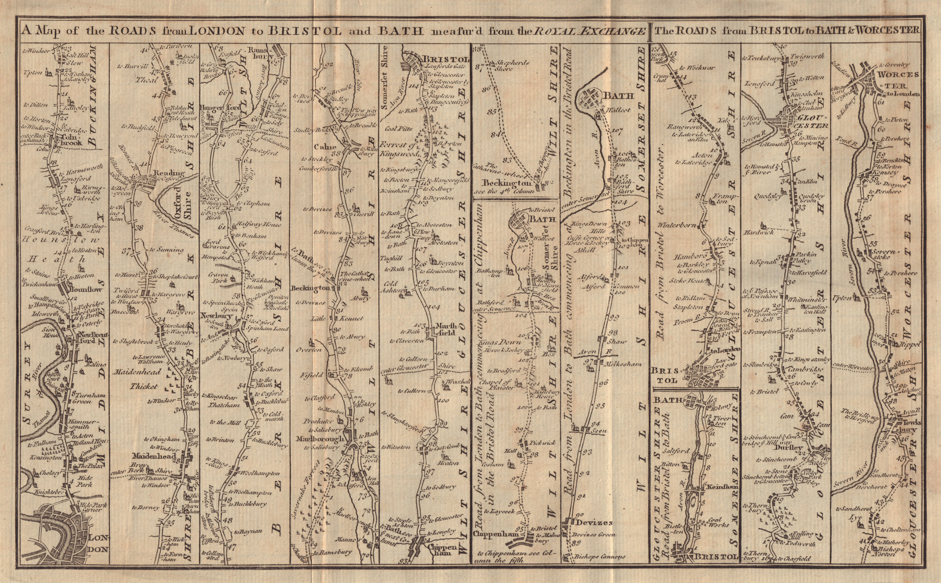 Associate Product The Roads from London to Bristol & Bath. Worcester Gloucester GENTS MAG 1765 map