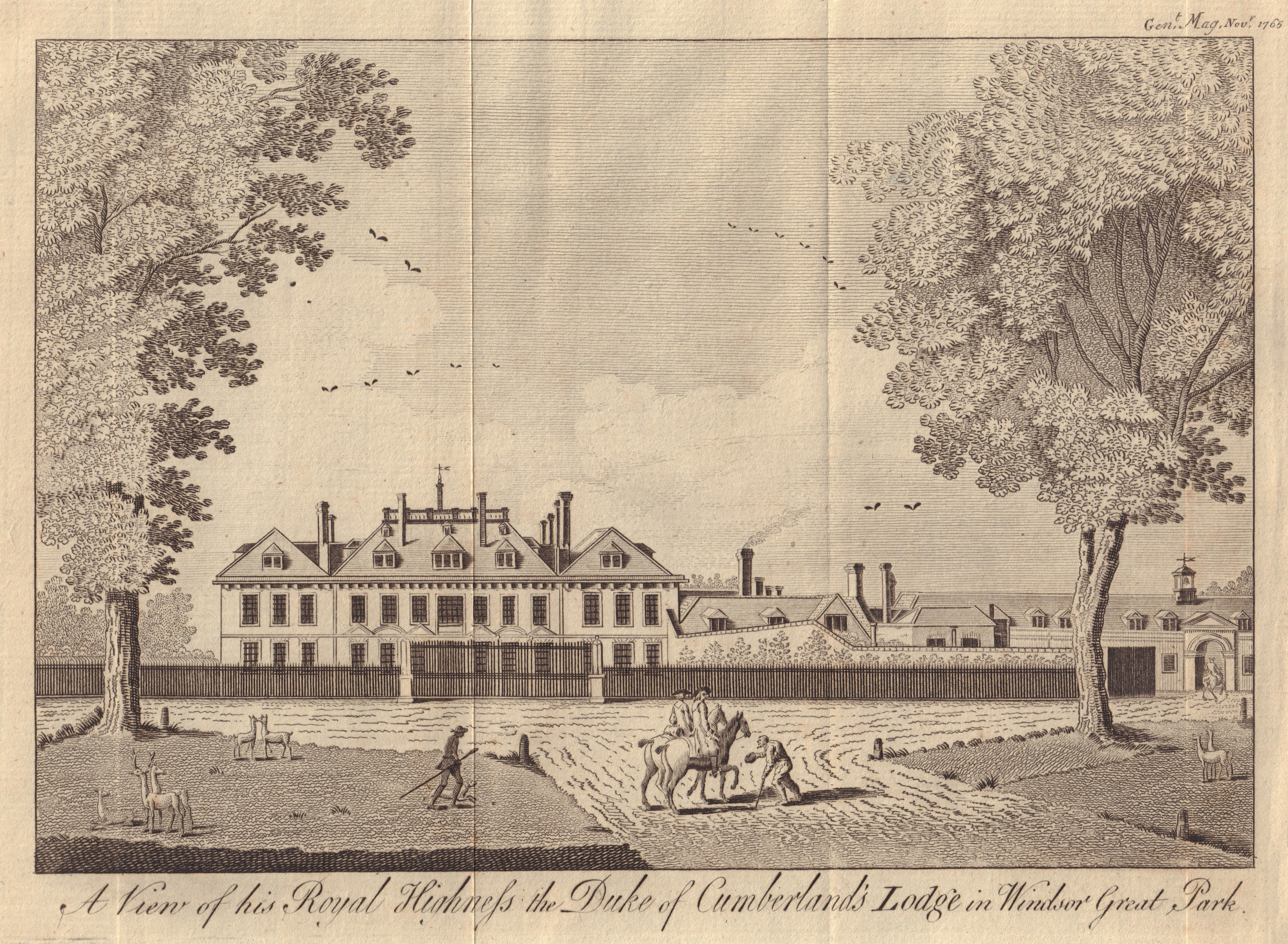 HRH the Duke of Cumberland's Lodge in Windsor Great Park. GENTS MAG 1765 print