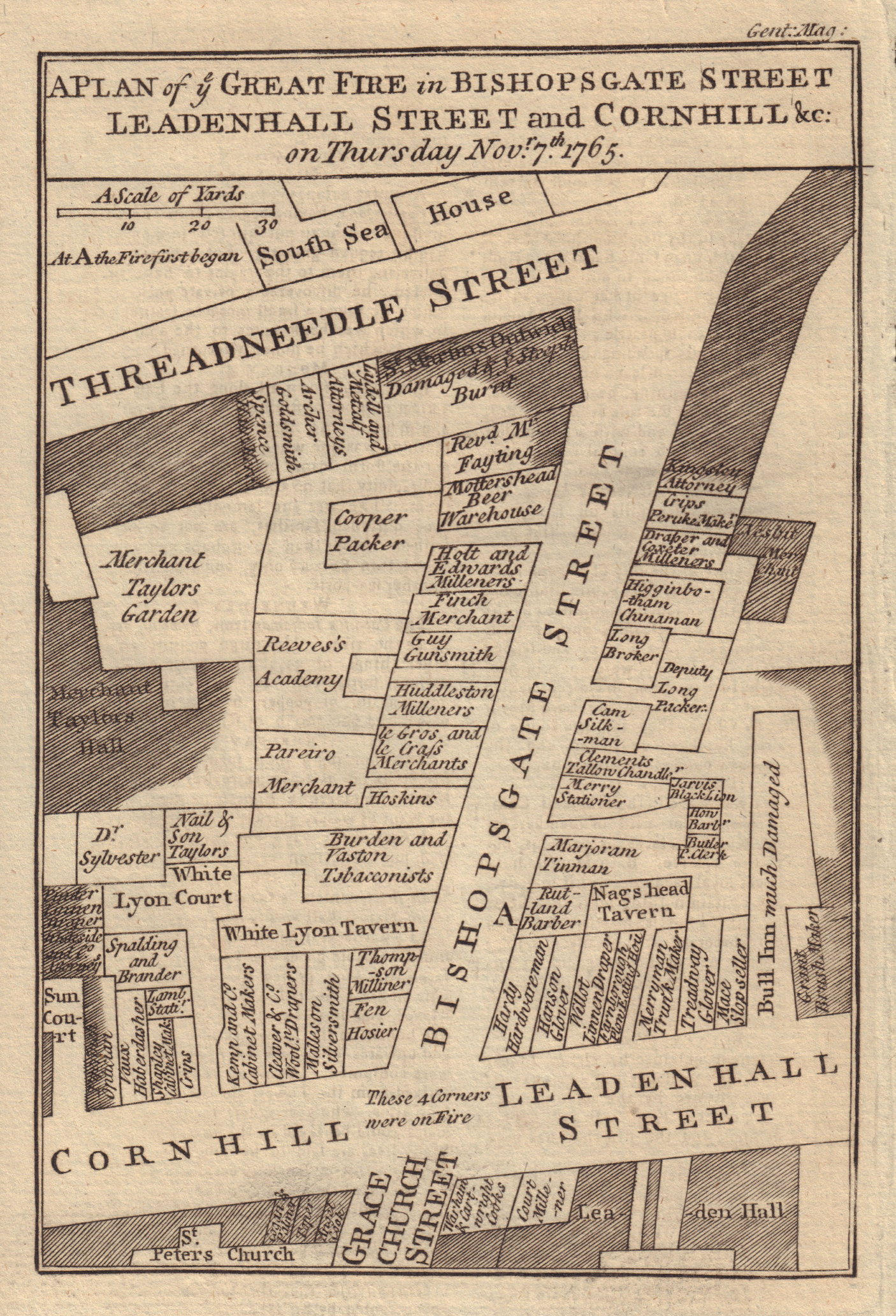 A Plan of ye Great Fire in Bishopsgate Leadenhall St Cornhill GENTS MAG 1765 map