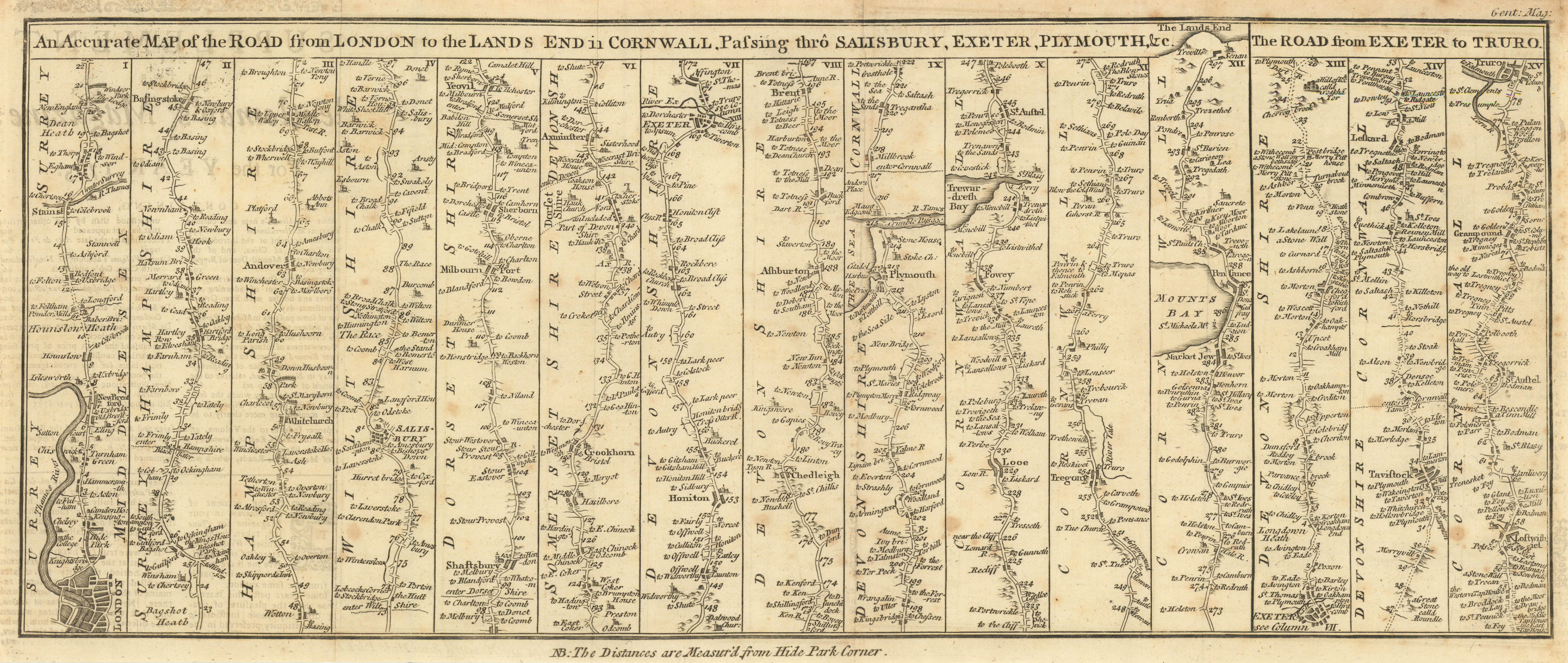 The Road from London to Land's End Salisbury Exeter Plymouth… GENTS MAG 1765 map